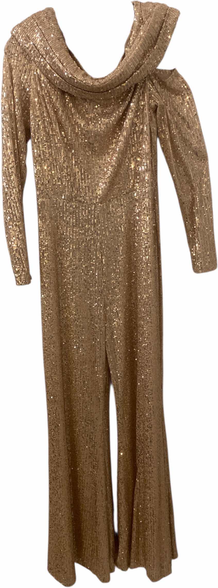 Photo 1 of WOMENS DESIGNER IEENA FOR MAC DUGGAL CHAMPAGNE COLOR SEQUIN JUMP SUIT- LONG SLEEVES 1 CUT OUT SHOULDER SIZE 8