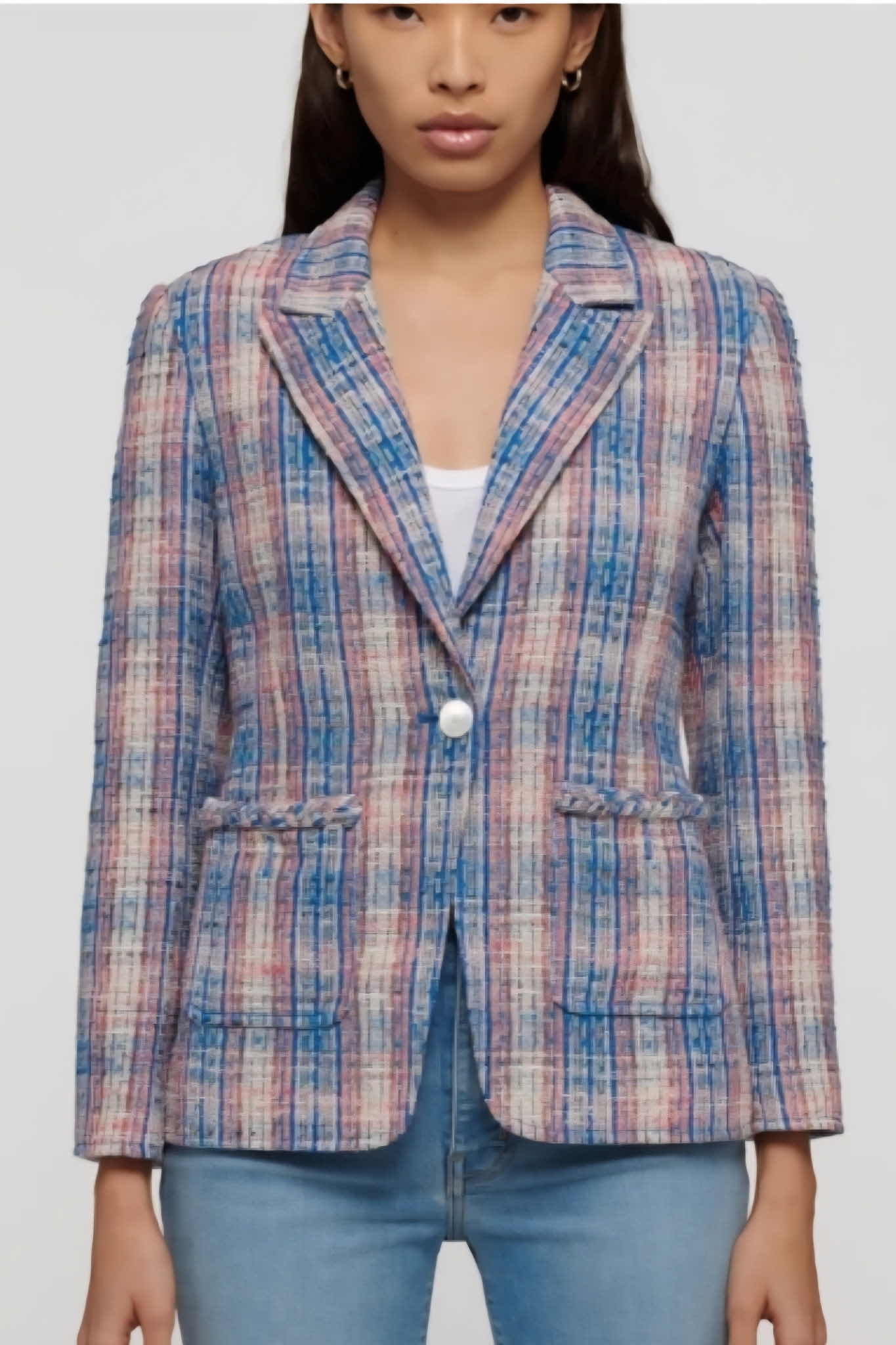 Photo 1 of WOMENS DESIGNER DEREK LAM 10 ASSILA SINGLE BREASTED BRAID TRIM JACKET IN BLUE MULTI BRACELET SLEEVES SIZE 8