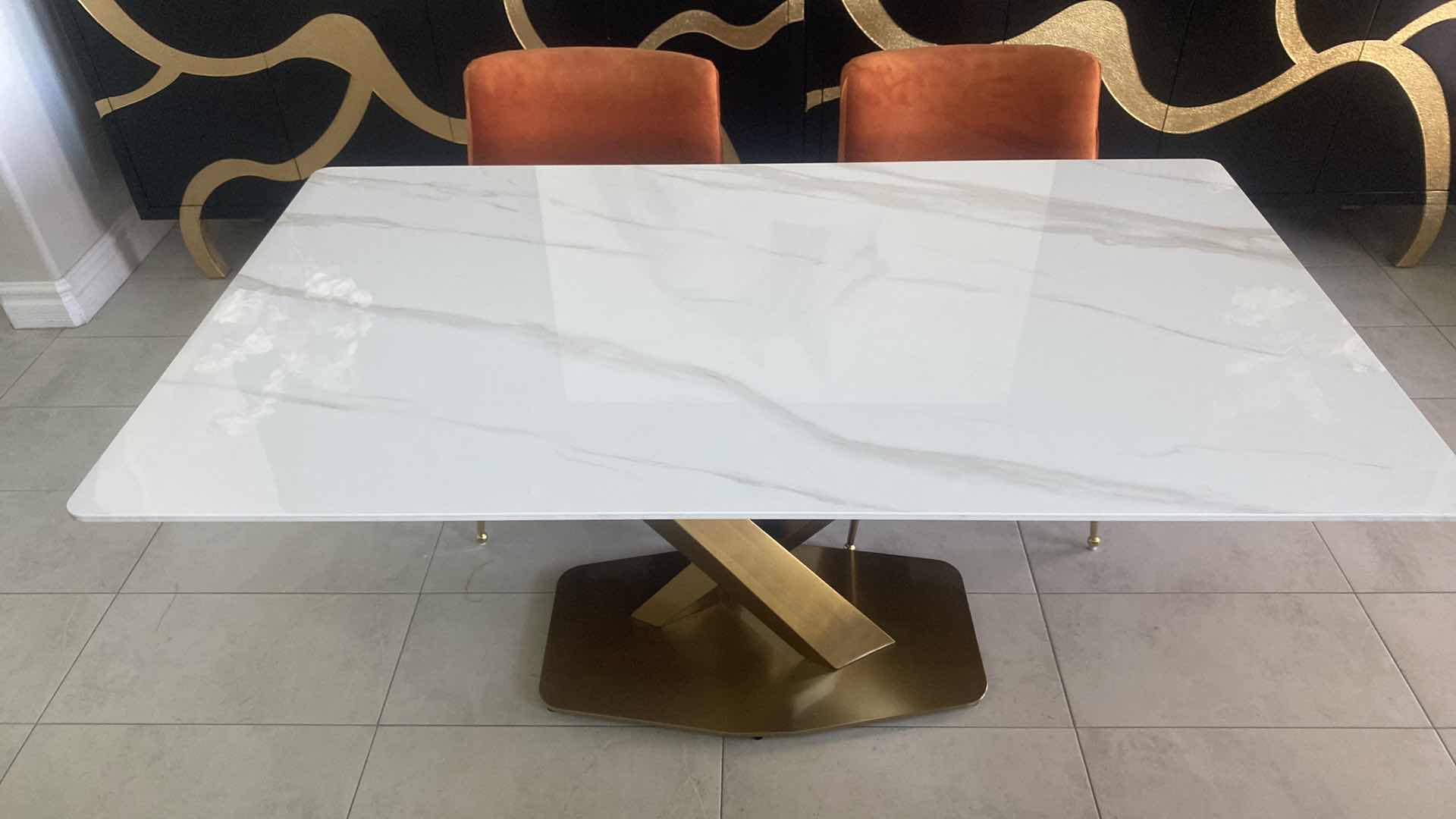 Photo 1 of LESLE RECTANGULAR SINTERED STONE TOP DINING TABLE WITH GOLD X-BASE BY ORREN ELLIS 29 1/2” X 63” H 30” (CHAIRS NOT INCLUDED)