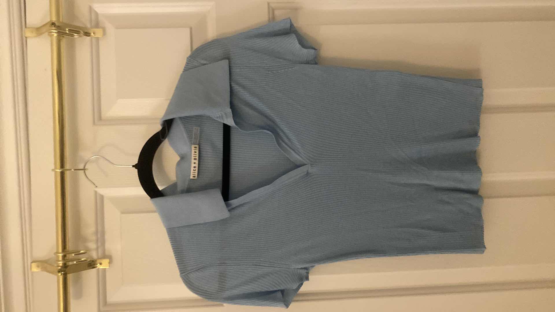 View 2 of WOMENS DESIGNER ALICE & OLIVIA MARTHA POLO KNIT CROP IN MINERAL BLUE SIZE MEDIUM