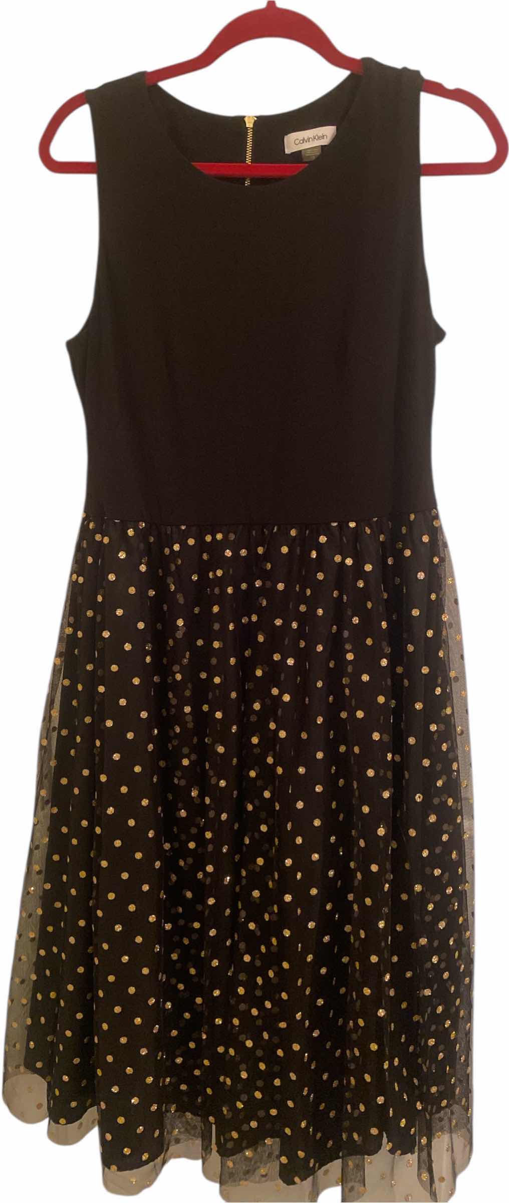 Photo 1 of WOMENS CALVIN KLEIN BLACK WITH TULE & GOLD POLKA DOTS DRESS SIZE 12