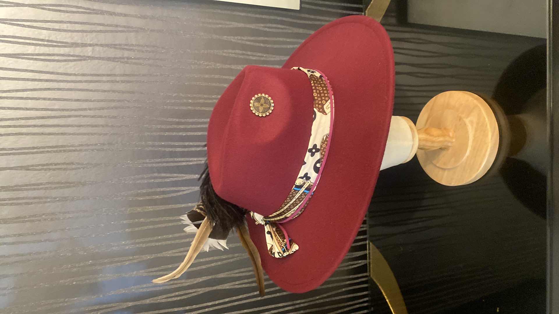 Photo 1 of NEW CUSTOM DECORATED BURGUNDY FEDORA WITH REAL LOUIS VUITTON EMBELLISHMENTS & BLING FEATHER, INTERIOR RIBBON TO ADJUST FIT (SCARF IS REPLICA)