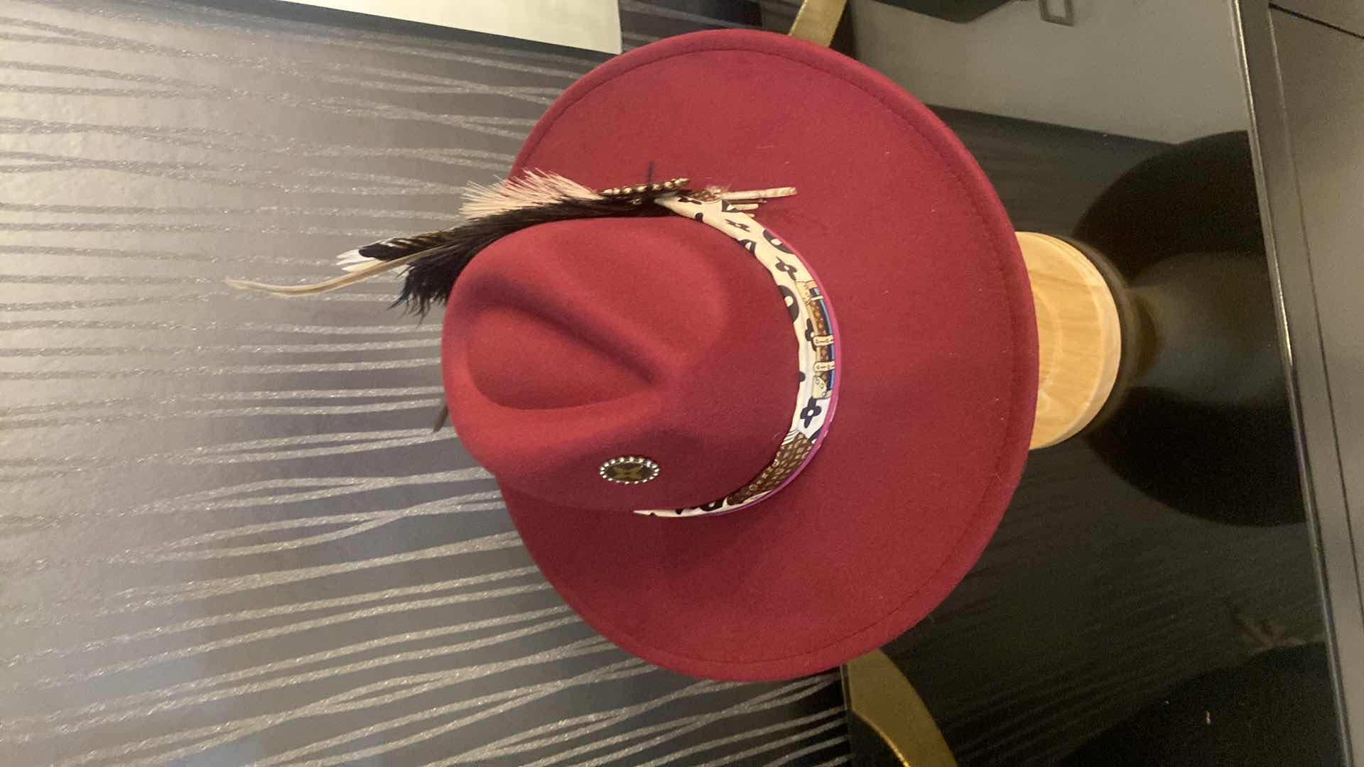 Photo 1 of NEW CUSTOM DECORATED BURGUNDY FEDORA WITH REAL LOUIS VUITTON EMBELLISHMENTS & BLING FEATHER, INTERIOR RIBBON TO ADJUST FIT (SCARF IS REPLICA)
