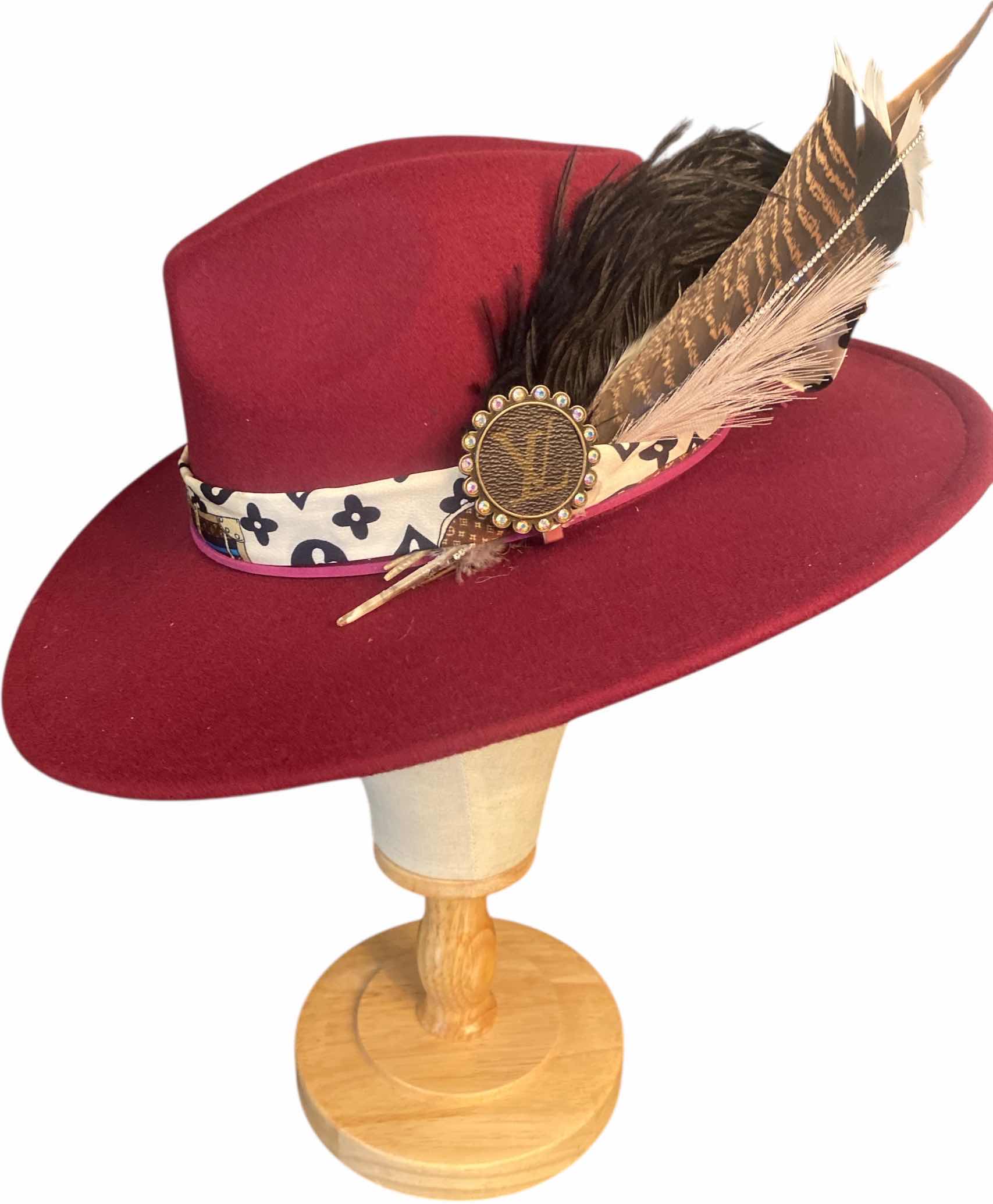 Photo 1 of NEW CUSTOM DECORATED BURGUNDY FEDORA WITH REAL LOUIS VUITTON EMBELLISHMENTS & BLING FEATHER, INTERIOR RIBBON TO ADJUST FIT (SCARF IS REPLICA)