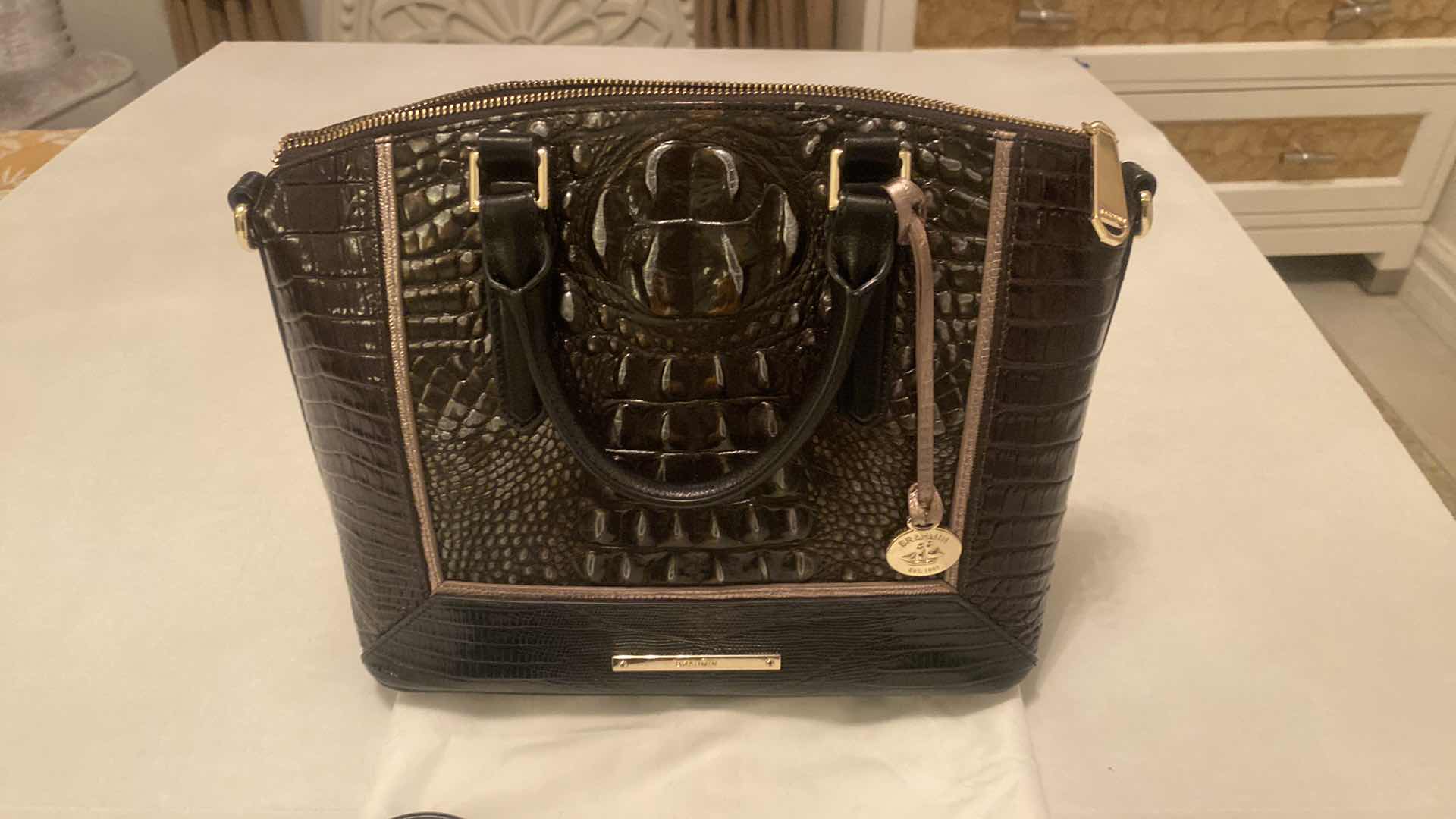 Photo 1 of BRAHMIN DUAL CARRY DUXBURY LEATHER SATCHEL IN IRONWOOD ALZETTE 11” X 4 1/2” H10” & LONG CREDIT CARD WALLET WITH DUST BAG