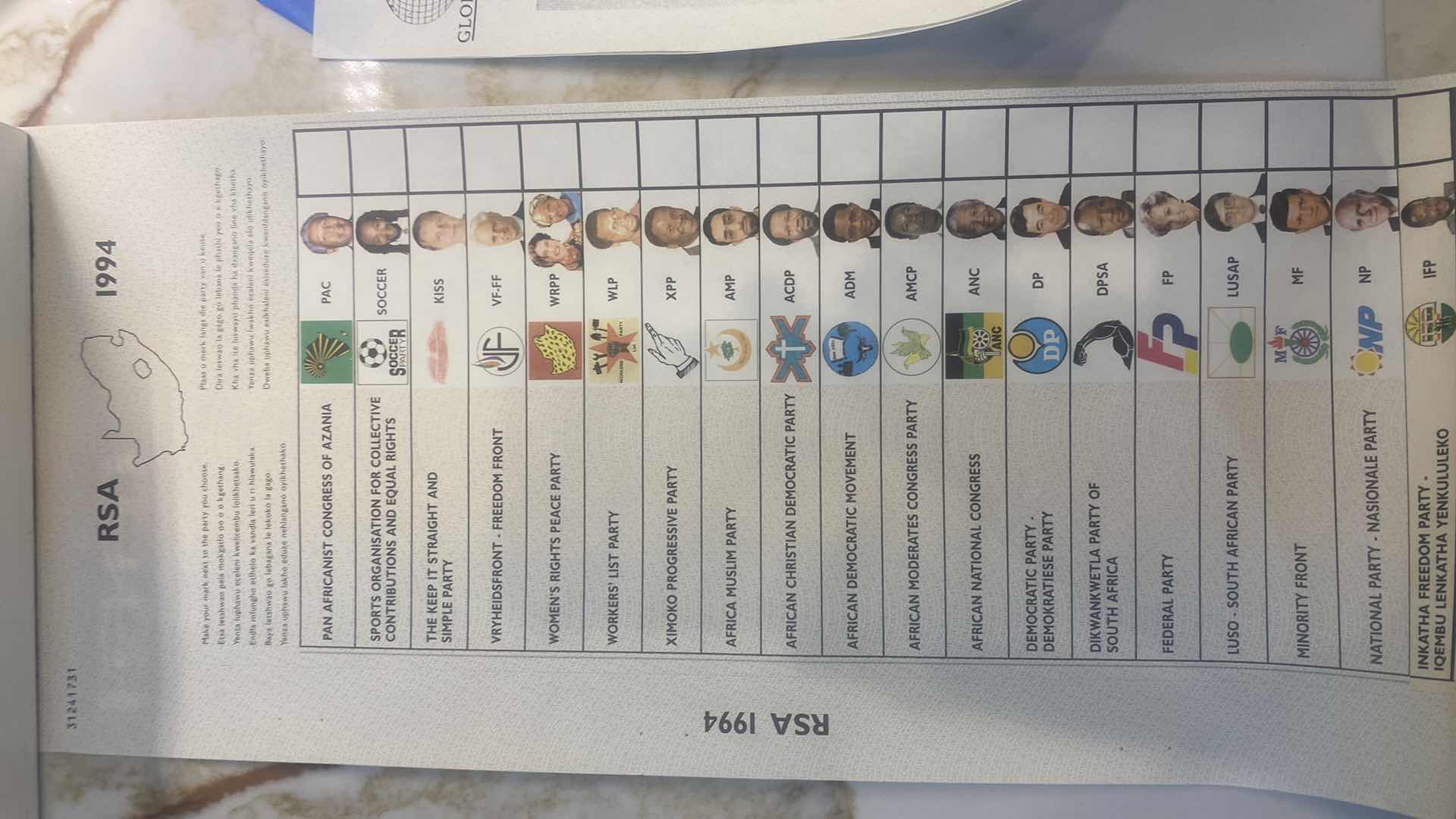 Photo 1 of NEW VINTAGE 1994 ORIGINAL UNMARKED BALLOT FROM SOUTH AFRICA’s FIRST EVER FREE ELECTION WITH DOCUMENTATION