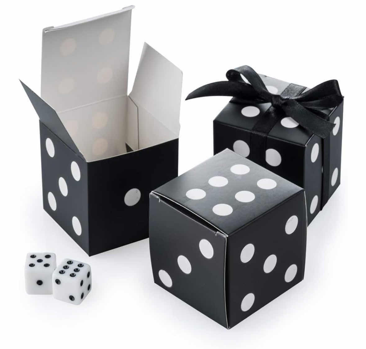 Photo 1 of NEW CASE OF HOME-X PACKS OF 50 PCS BLACK DICE 2” X 2” H2” FAVOR BOXES & BLACK RIBBON (20 SETS/CASE)