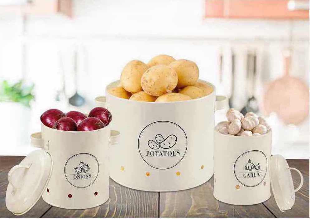 Photo 1 of NEW CASE OF HOME-X 3-PC CANISTER SET, POTATO, ONION & GARLIC, CREAM COLOR (4 SETS/CASE)