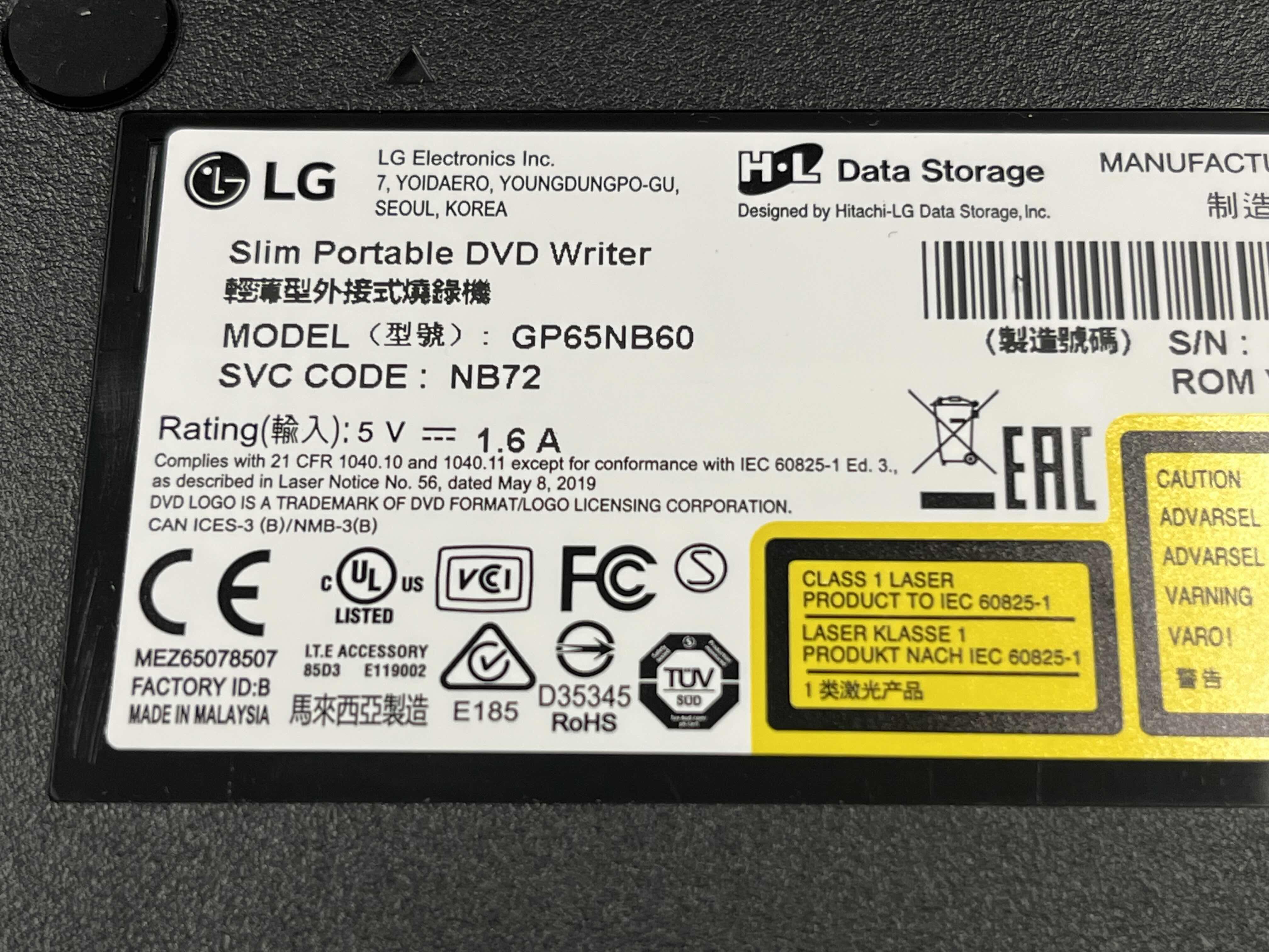 Photo 1 of LG SLIM PORTABLE DVD WRITER GP65NB60