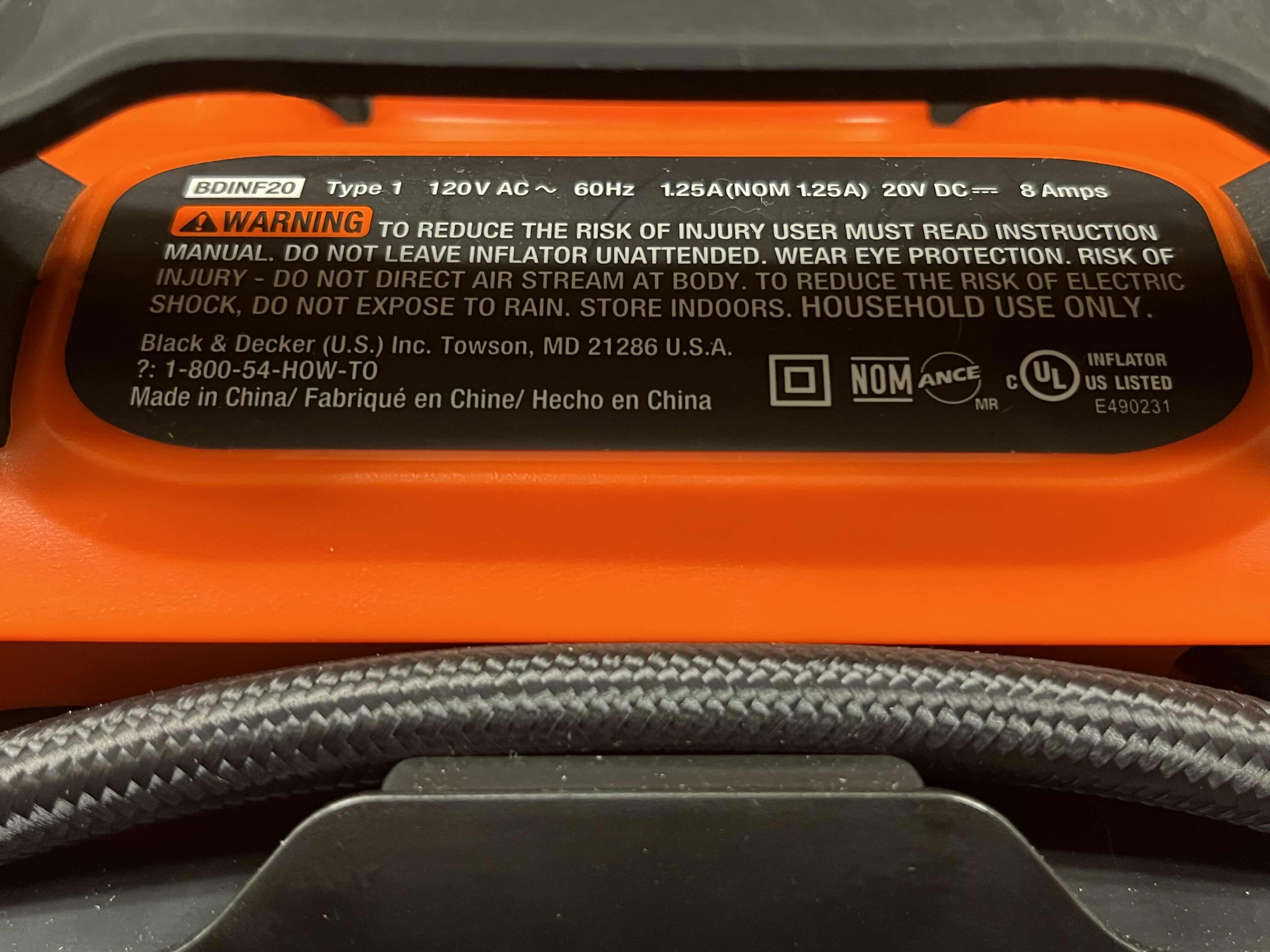 Photo 1 of BLACK & DECKER INFLATOR 20VOLT AIR COMPRESSOR BDINF20 (TOOL ONLY)