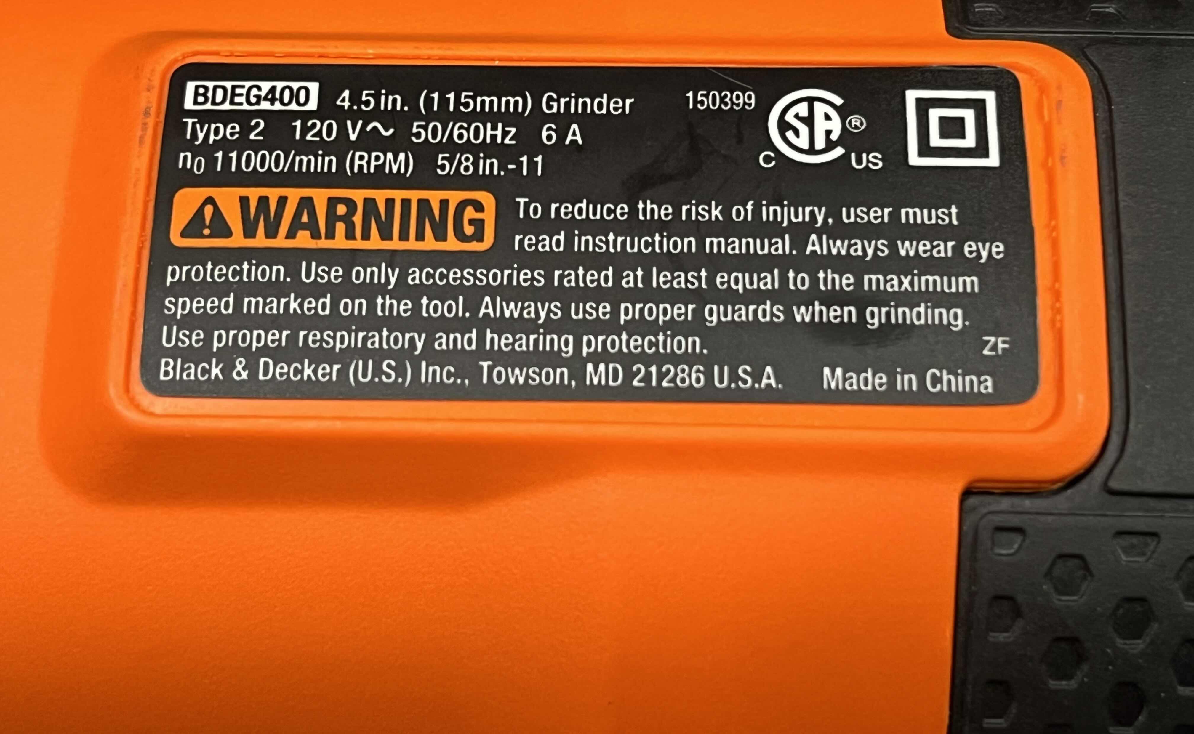 Photo 1 of BLACK & DECKER CORDED 4.5” ANGLE GRINDER BDEG400