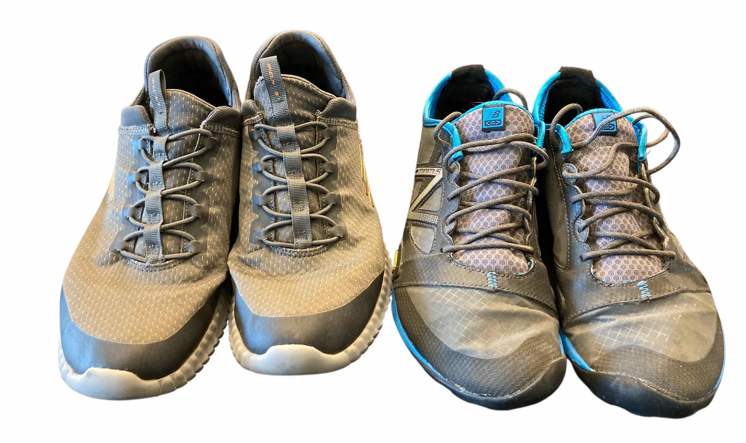 Photo 1 of SKECHERS MENS ELITE FLEX BELBURN GREY/ORANGE TRAINERS & NEW BALANCE MINIMUS GREY/BLUE TRAIL SHOES SIZE 10