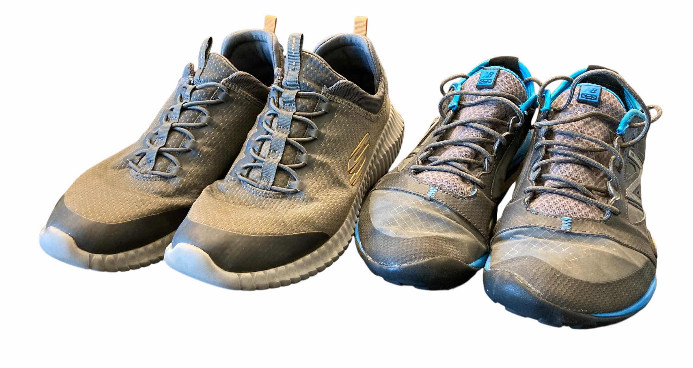 Photo 1 of SKECHERS MENS ELITE FLEX BELBURN GREY/ORANGE TRAINERS & NEW BALANCE MINIMUS GREY/BLUE TRAIL SHOES SIZE 10