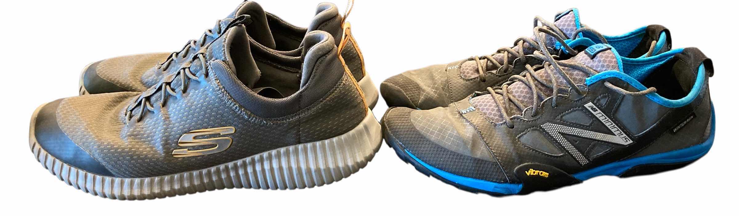 Photo 1 of SKECHERS MENS ELITE FLEX BELBURN GREY/ORANGE TRAINERS & NEW BALANCE MINIMUS GREY/BLUE TRAIL SHOES SIZE 10