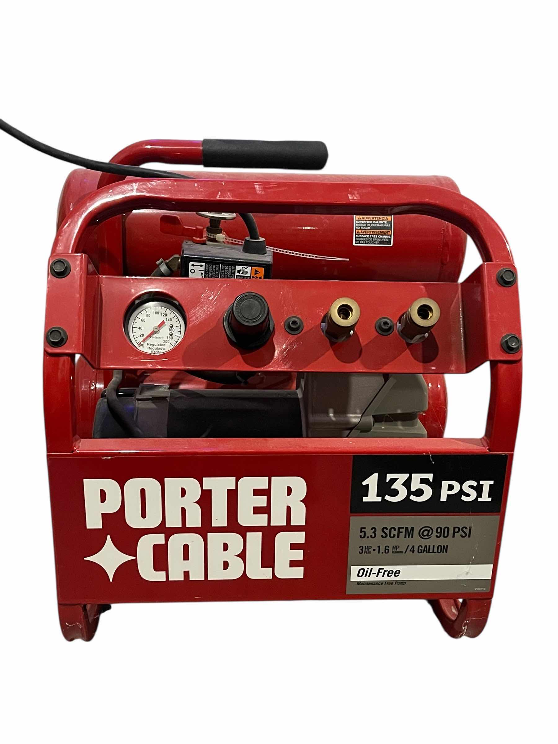 Photo 1 of PORTER CABLE 135PSI OIL-FREE 4GAL AIR COMPRESSOR W EXTRA HOSES & ATTACHMENT