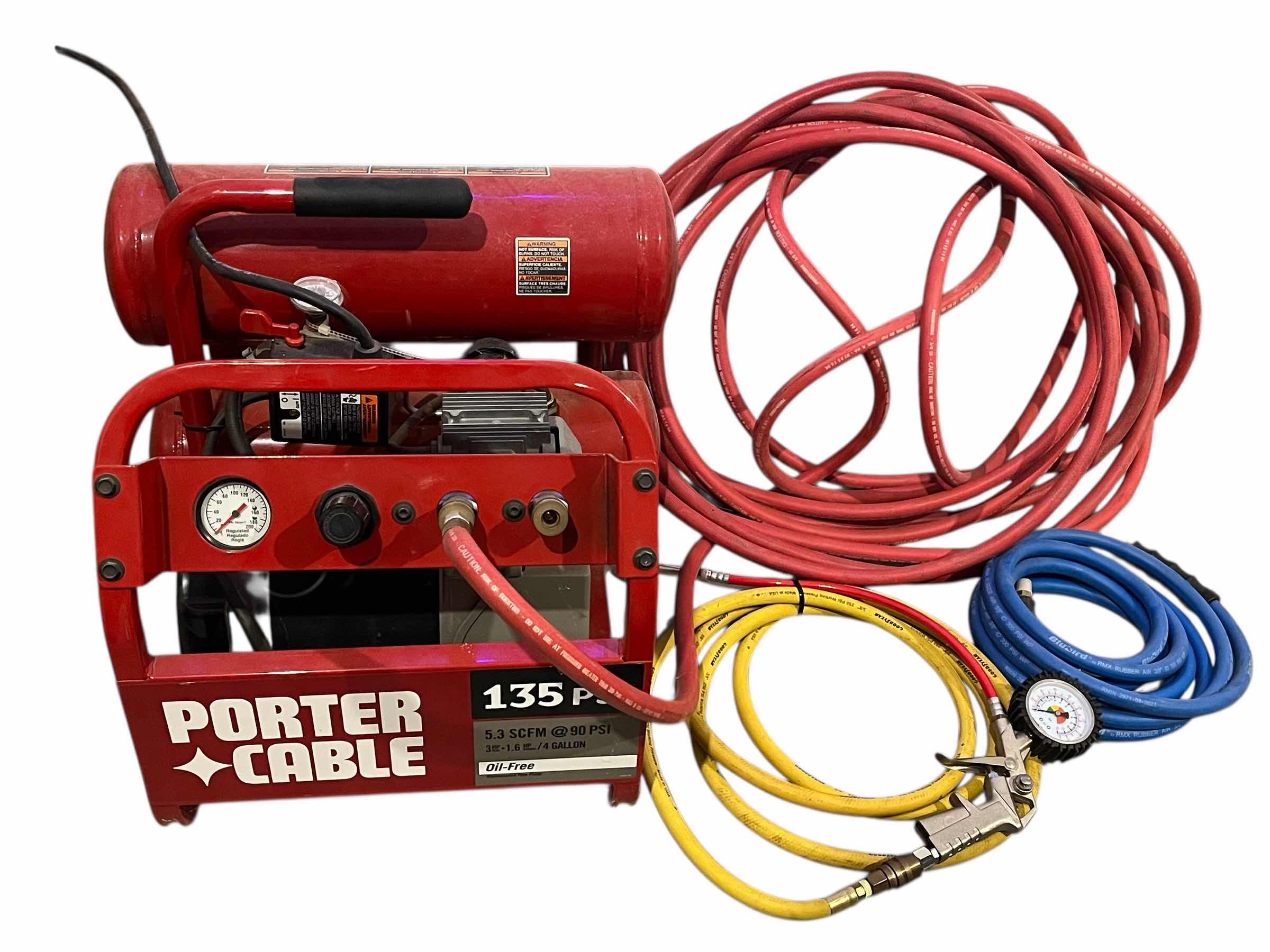 Photo 1 of PORTER CABLE 135PSI OIL-FREE 4GAL AIR COMPRESSOR W EXTRA HOSES & ATTACHMENT