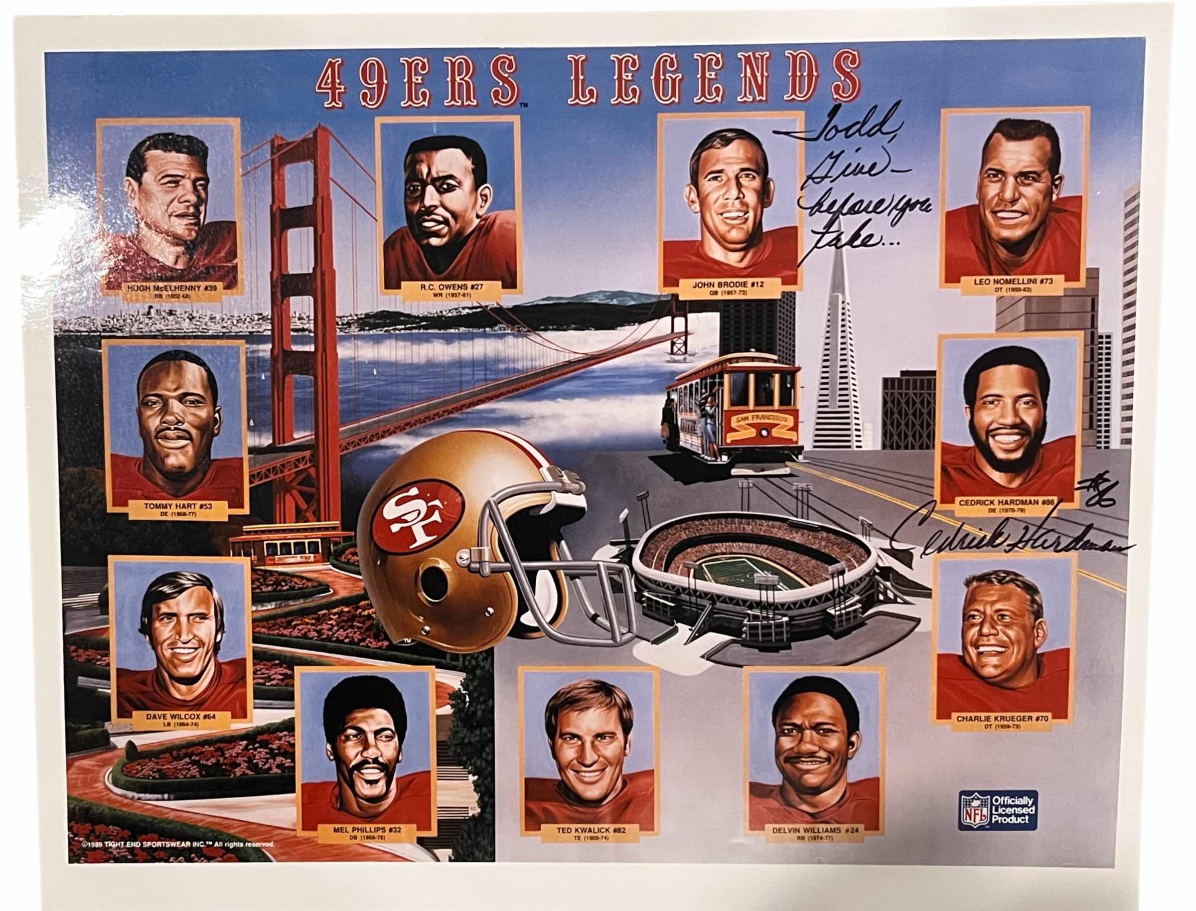 Photo 1 of 49ERS LEGENDS TIGHT END SPORTSWEAR INC 1989. 2 AUTOGRAPHS BY DE CEDRICK HARDMAN NO.86 & UNKNOWN