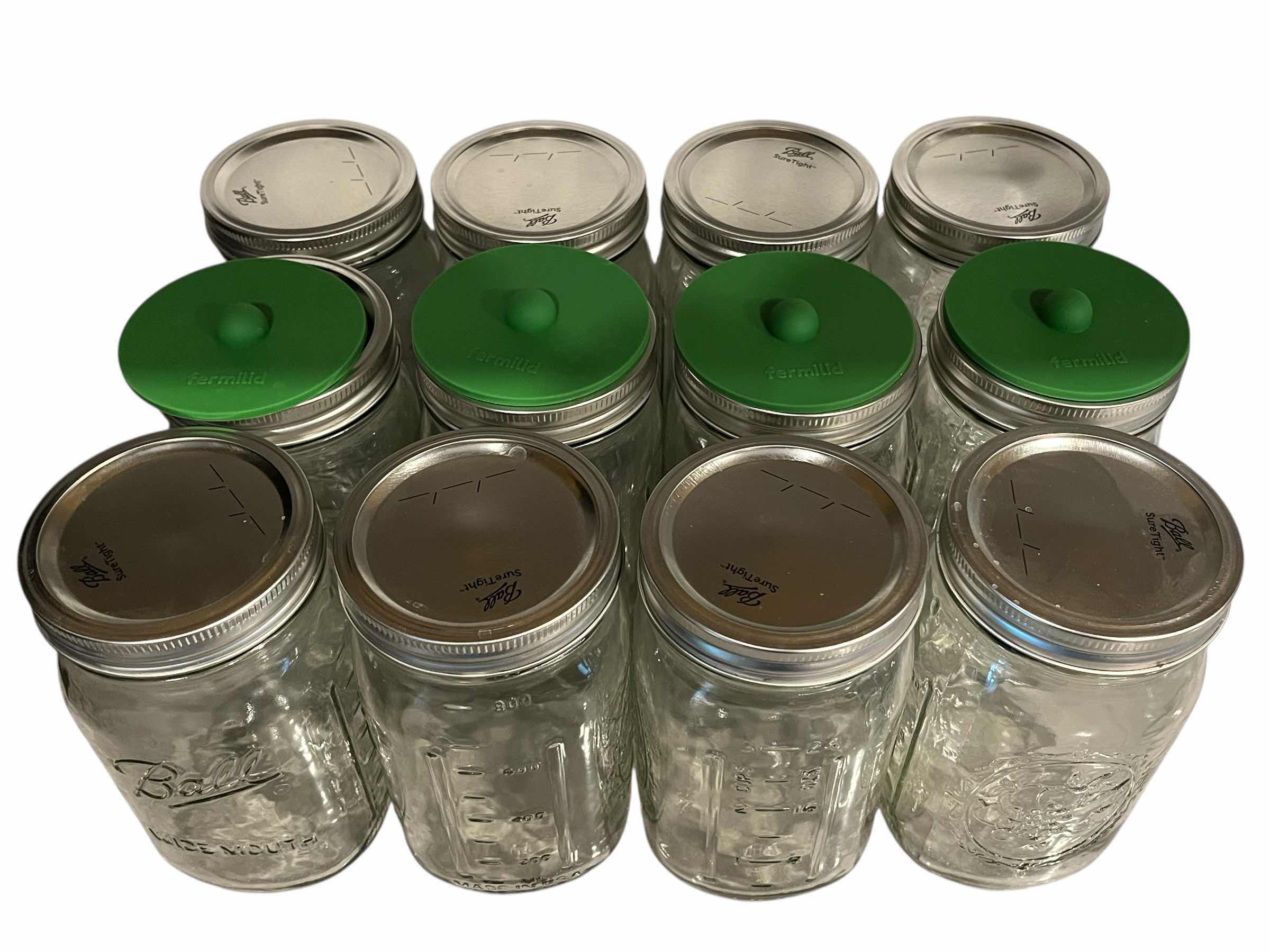 Photo 1 of BALL 800ML MASON JARS W LIDS (12) & 4 FERMILID SILICONE LIDS