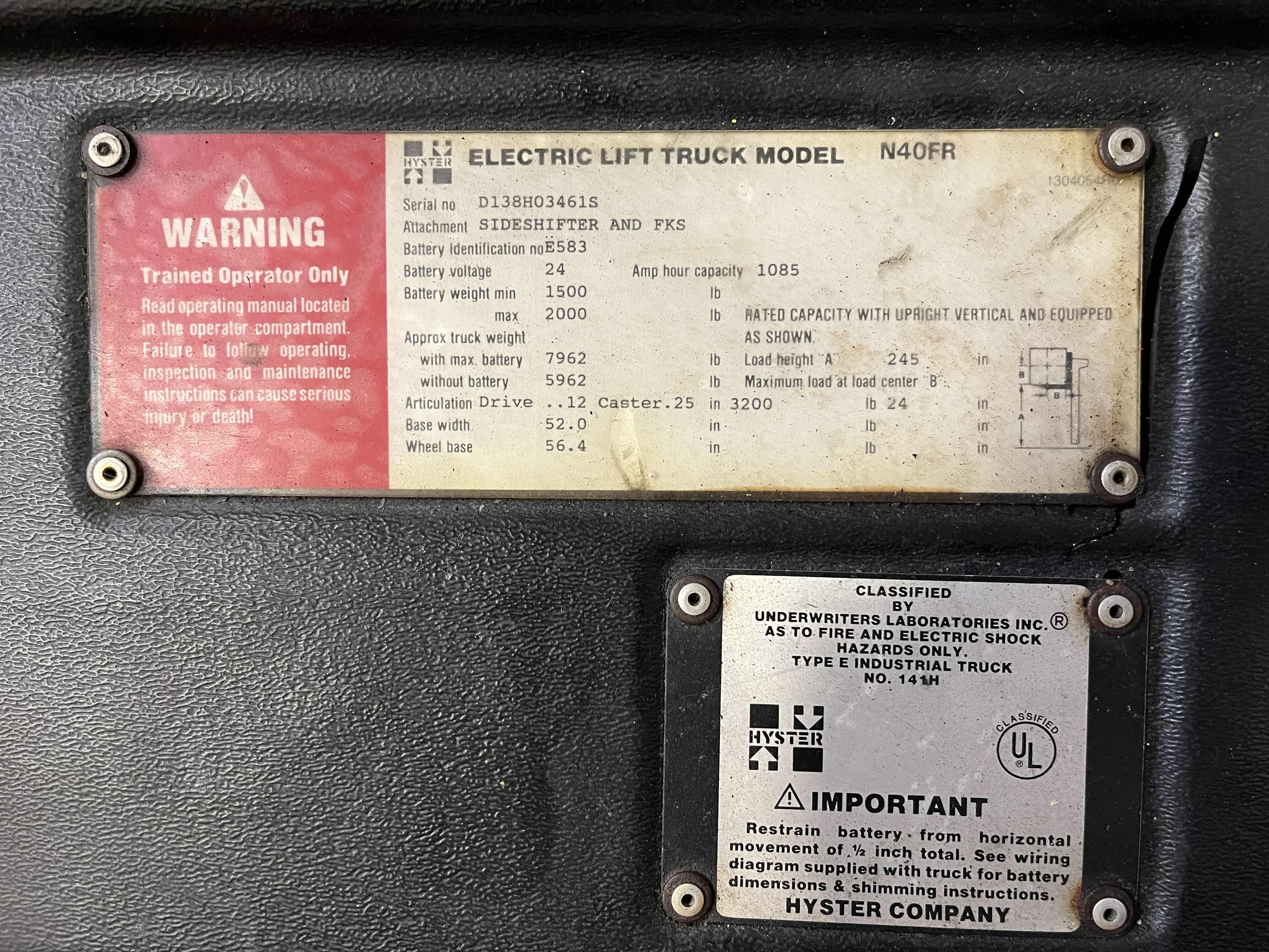 Photo 1 of HYSTER ELECTRIC STAND UP LIFT TRUCK FORKLIFT MODEL N40FR YR.2000 & EXIDE LOAD HOG FORKLIFT CHARGER MODEL LH1-12-850 (READ NOTES)