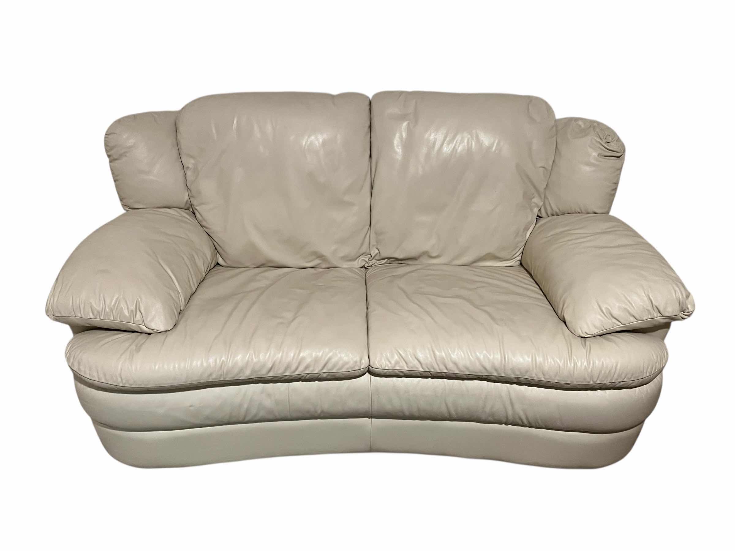 Photo 1 of ACTION INDUSTRIES OFF-WHITE LEATHER LOVESEAT W 2 THROW PILLOWS 69” X 38” H34”