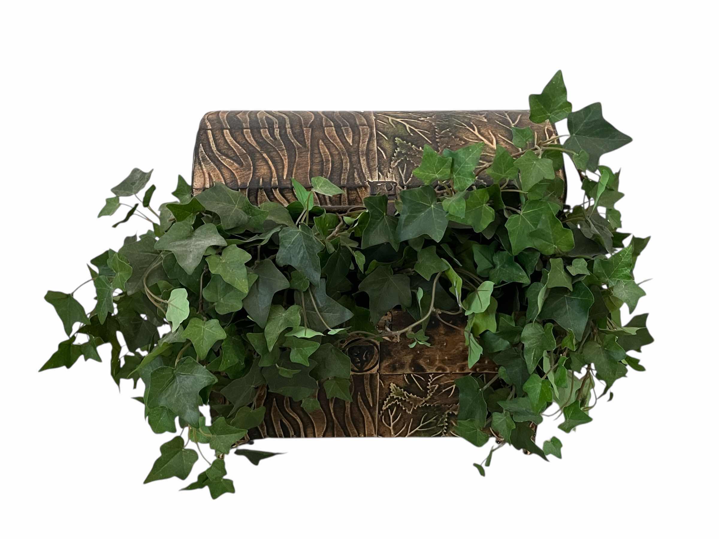 Photo 1 of IVY ARTIFICIAL PLANT W ORNATE DESIGN TIN CHEST 12.75” X 8” 11.5”