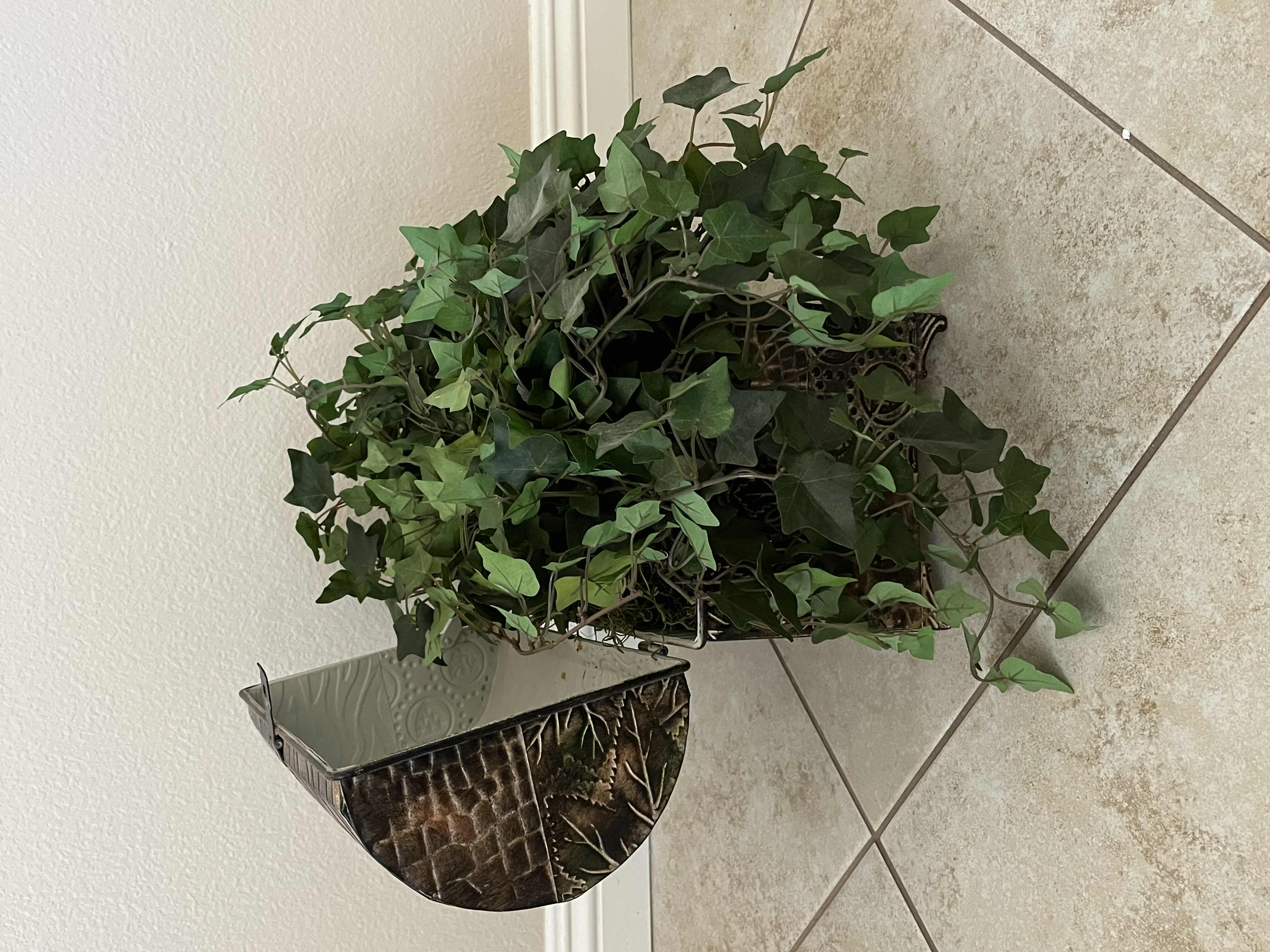 Photo 1 of IVY ARTIFICIAL PLANT W ORNATE DESIGN TIN CHEST 12.75” X 8” 11.5”