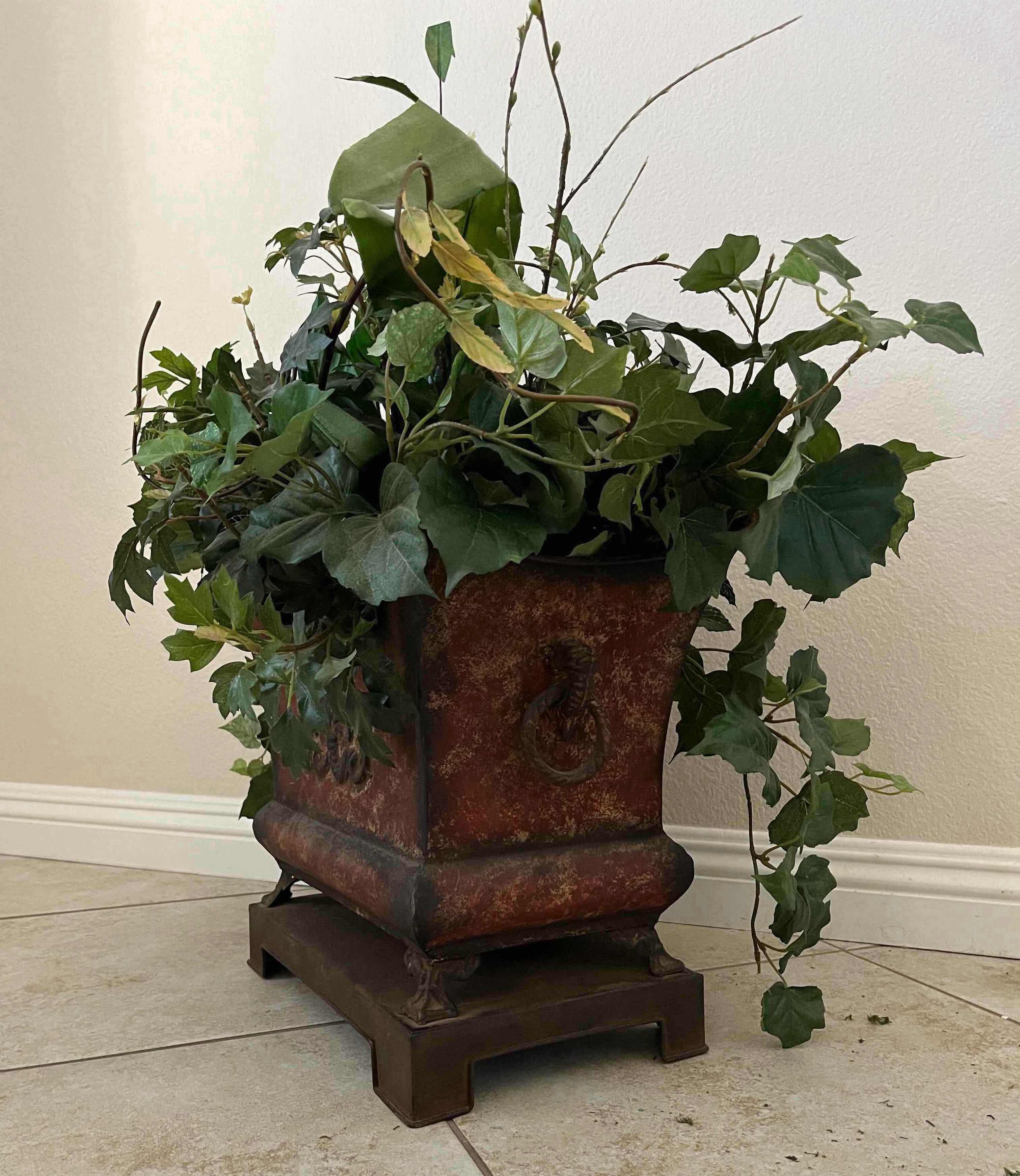 Photo 1 of ARTIFICIAL PLANTS W VICTORIAN STYLE TIN PLANTER 17” X 10” H14”