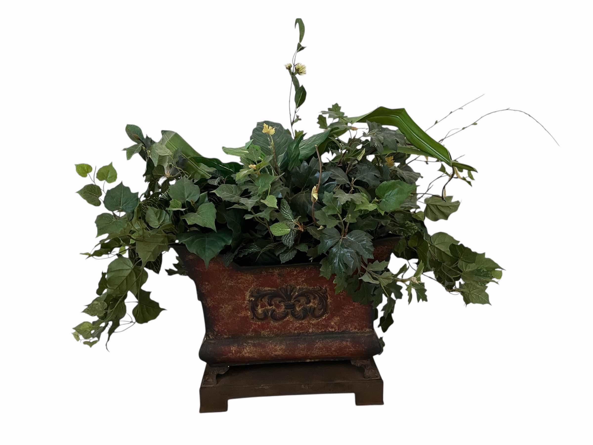 Photo 1 of ARTIFICIAL PLANTS W VICTORIAN STYLE TIN PLANTER 17” X 10” H14”