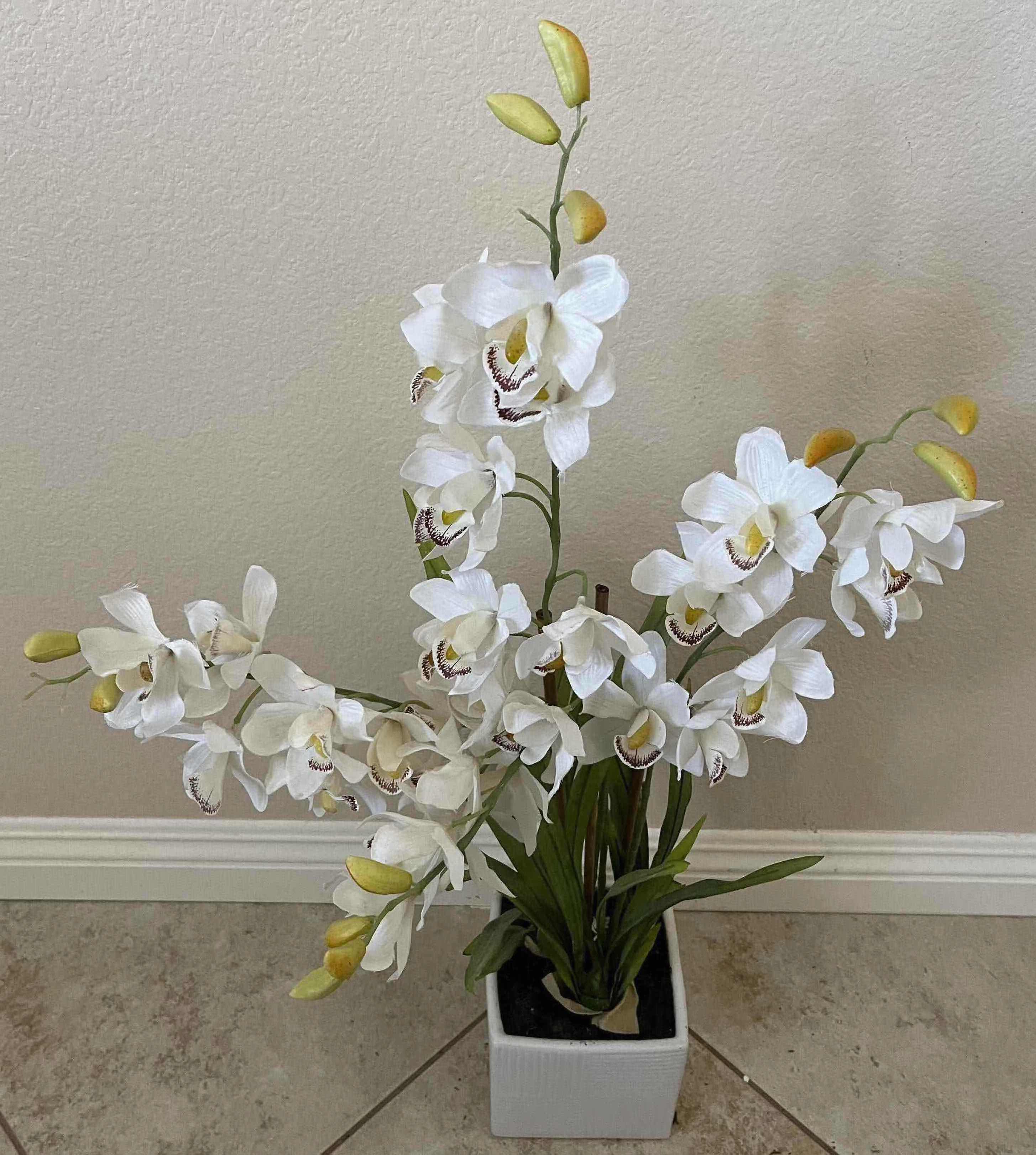 Photo 1 of WHITE ORCHIDS ARTIFICIAL PLANT W WHITE SQUARE PLANER POT 6” X 5.5”