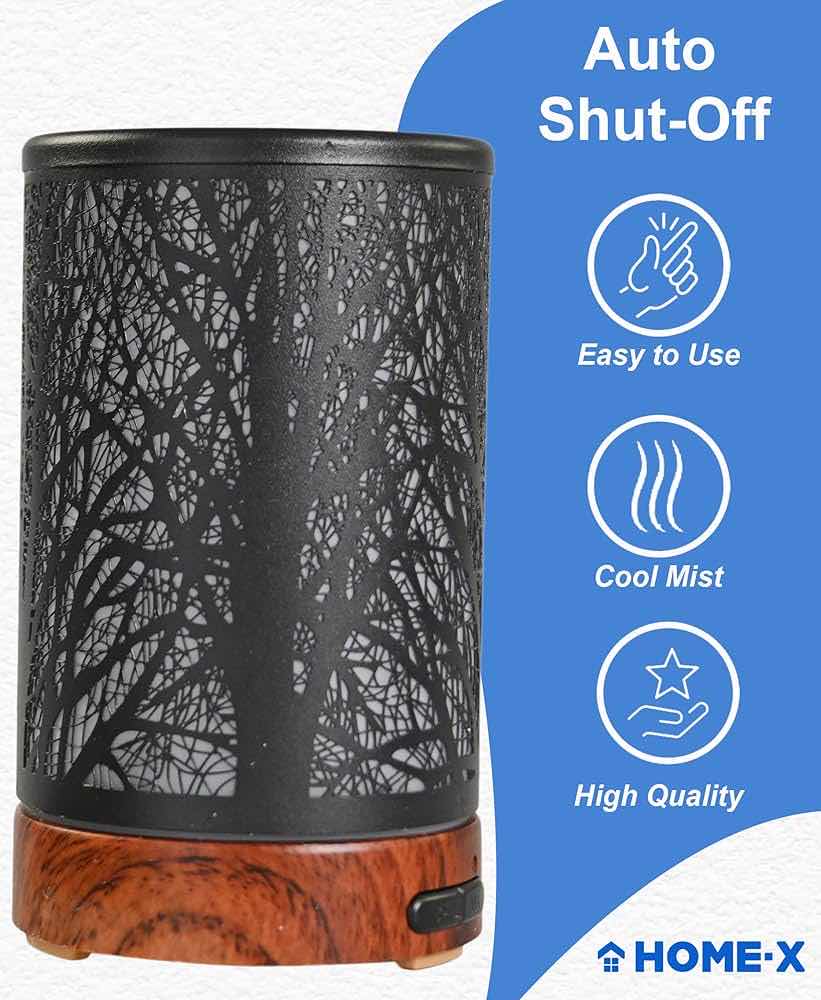 Photo 1 of NEW PALLET HOME-X OIL DIFFUSER WITH CARVED METAL TREE COVER ULTRASONIC ESSENTIAL OIL DIFFUSER COLOR CHANGING 3.5” X 3.5” X H6” BLACK (APPROXIMATELY 20 BOXES OF 12 SETS)