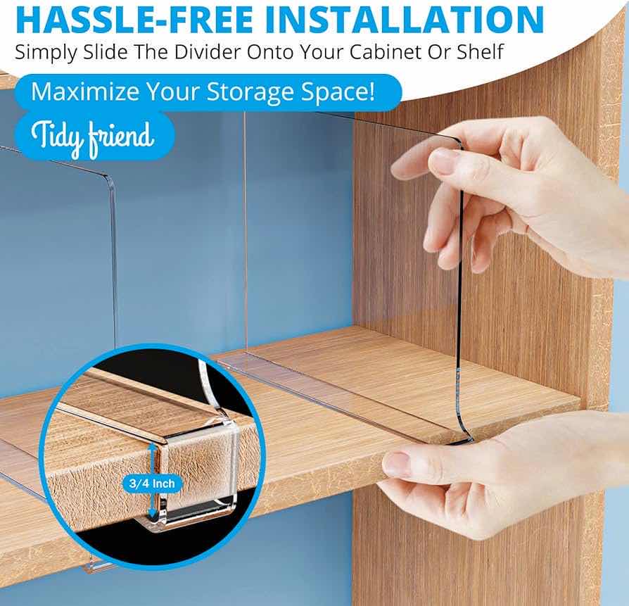 Photo 1 of NEW PALLET OF TIDY FRIEND 4 PCS CLEAR ACRYLIC SHELF DIVIDERS FOR CLOSET ORGANIZATION BOOK DIVIDER 7.87”x 1.18” x 11.8”H (APPROXIMATELY 150 CASES/4 PER CASE)