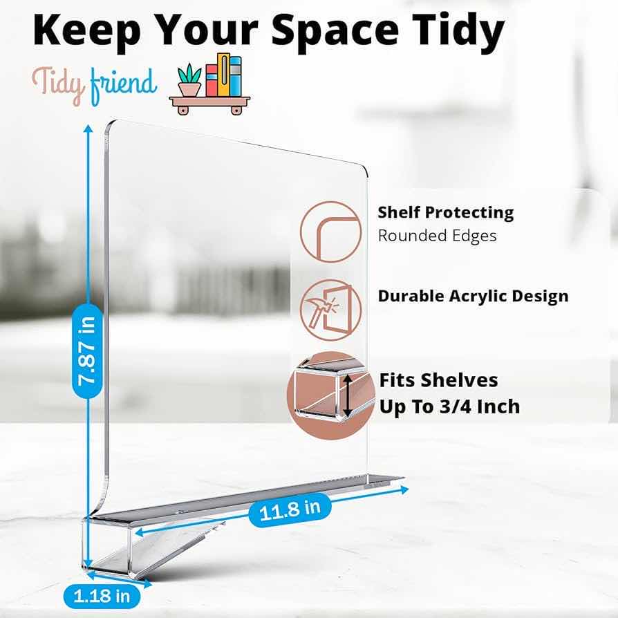 Photo 1 of NEW PALLET OF TIDY FRIEND 4 PCS CLEAR ACRYLIC SHELF DIVIDERS FOR CLOSET ORGANIZATION BOOK DIVIDER 7.87”x 1.18” x 11.8”H (APPROXIMATELY 140 CASES/4 PER CASE)