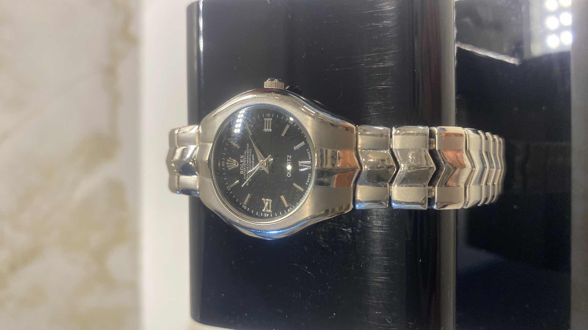 Photo 1 of WOMEN’S REPLICA ROLEX WATCH WITH BLACK DIAL STAINLESS STEEL JEWELRY