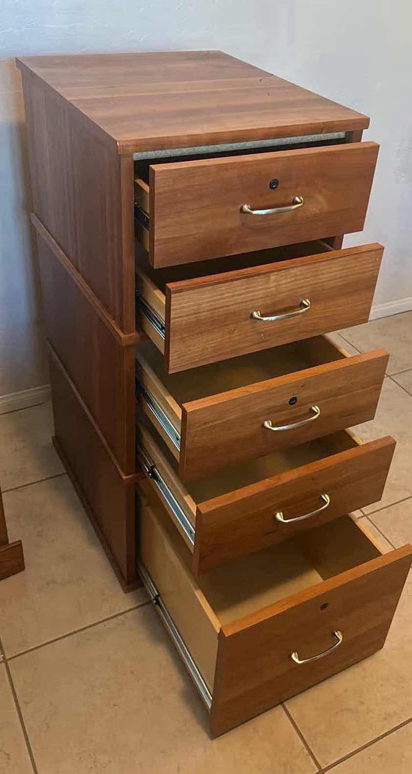 View 2 of MODULAR WOODEN FILE CABINET SYSTEM W MULTIPLE LOCKING DRAWERS & BRASS TONE PULLS 18" X 22" H 40"