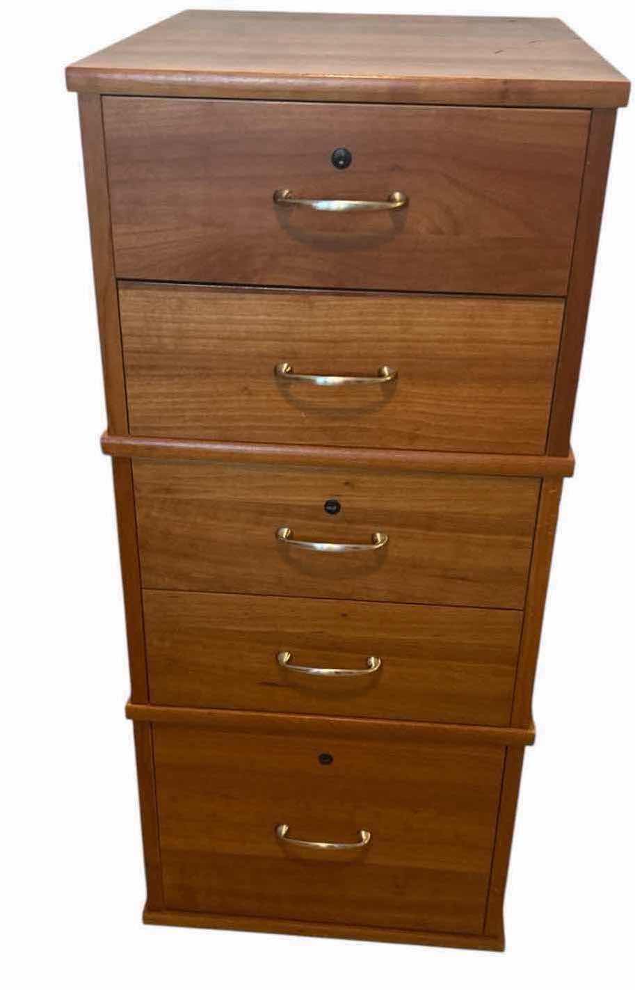 View 1 of MODULAR WOODEN FILE CABINET SYSTEM W MULTIPLE LOCKING DRAWERS & BRASS TONE PULLS 18" X 22" H 40"