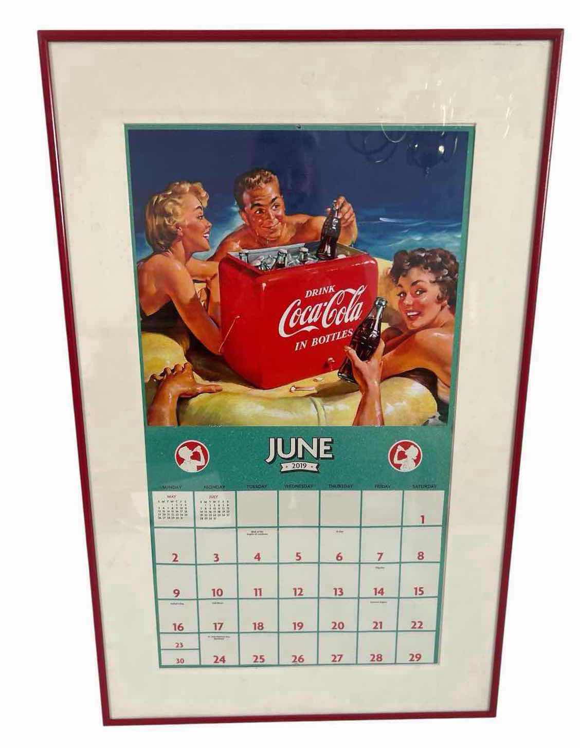 View 1 of RED FRAMED VINTAGE STYLE JUNE 2019 COCA COLA PROMOTIONAL CALENDAR 18" X 29"