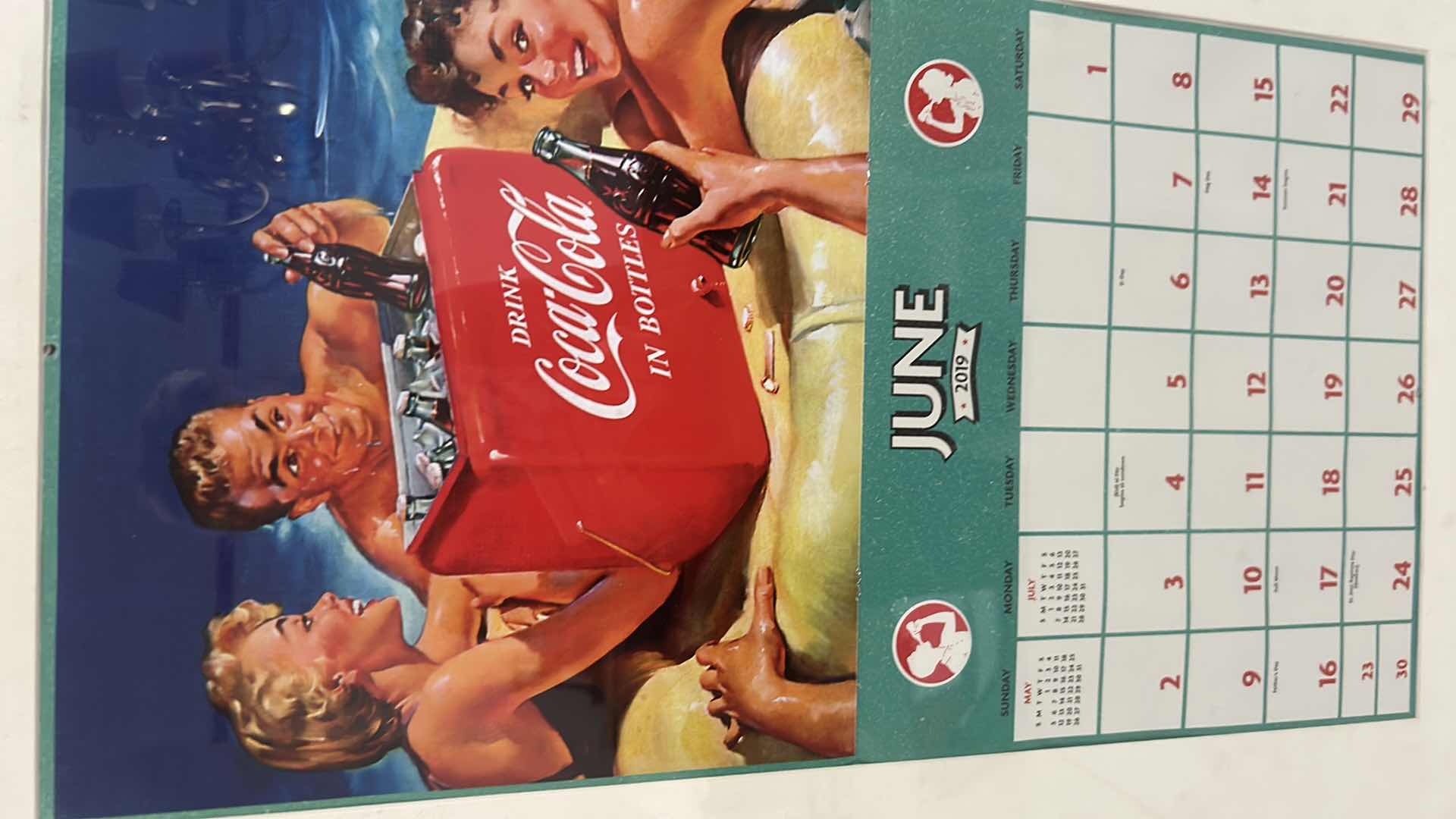 View 2 of RED FRAMED VINTAGE STYLE JUNE 2019 COCA COLA PROMOTIONAL CALENDAR 18" X 29"