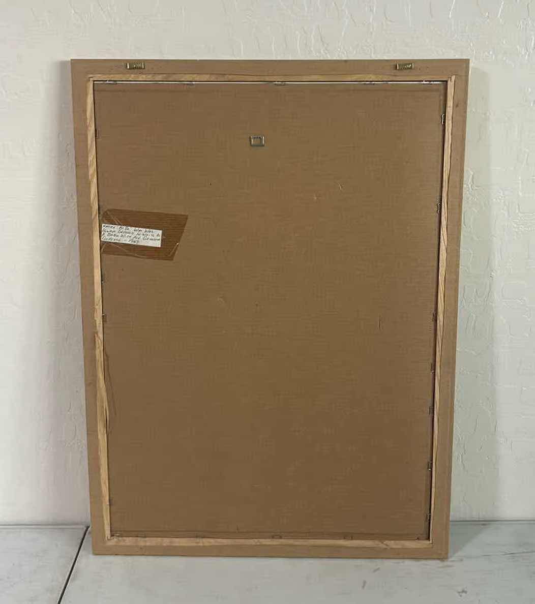 View 3 of VINTAGE WHITE BABY DRESS DISPLAYED INSIDE WOODEN SHADOW BOX 22" X 31"