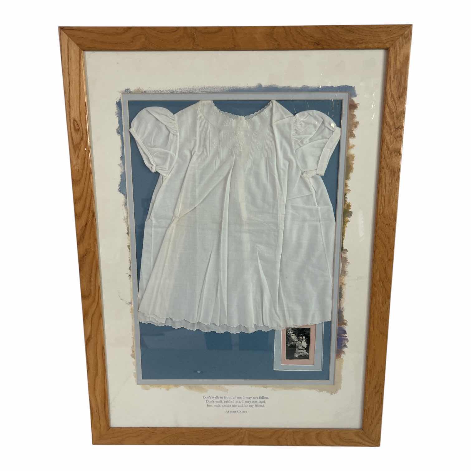 View 1 of VINTAGE WHITE BABY DRESS DISPLAYED INSIDE WOODEN SHADOW BOX 22" X 31"