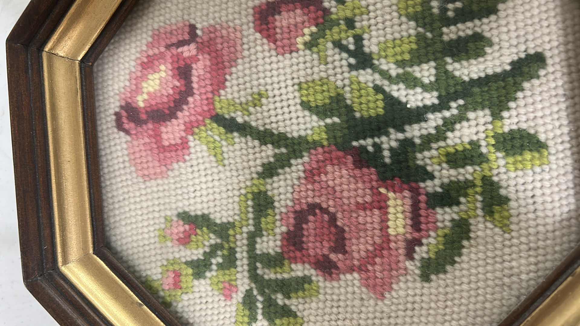 View 3 of 2-VINTAGE FRAMED FLORAL NEEDLEPOINT W PINK RED ROSE MOTIFS IN OCTAGONAL GIFT FRAMES 9"X 9"