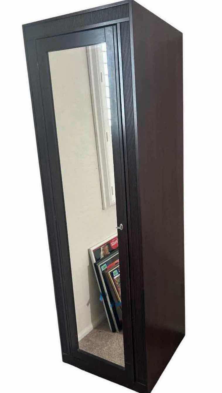 View 1 of TALL DARK BROWN FREESTANDING CABINET W FULL LENGTH MIRROR & VERTICAL FLUTED SIDE TRIM 25" X 23" H 78"