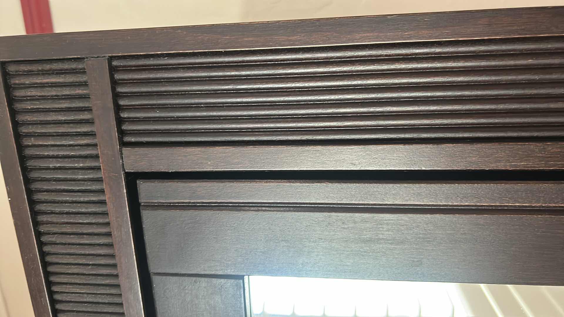 View 3 of TALL DARK BROWN FREESTANDING CABINET W FULL LENGTH MIRROR & VERTICAL FLUTED SIDE TRIM 25" X 23" H 78"
