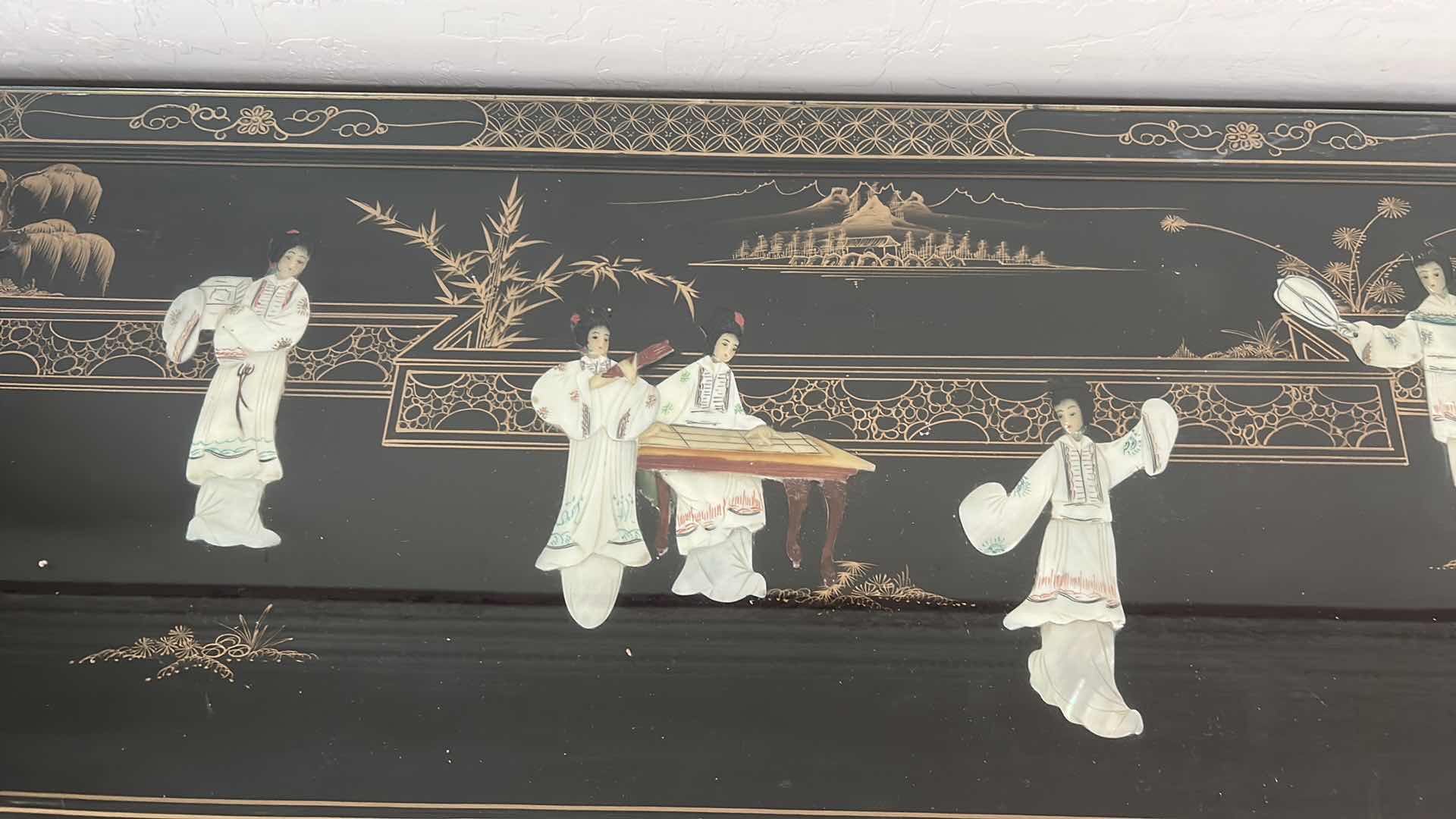 View 3 of RED LANTERN BLACK LACQUER SIDEBOARD GLASS TOP W ROYAL LADIES MOTIF TRADITIONAL CHINESE INLAID 48" X 18" H 33"