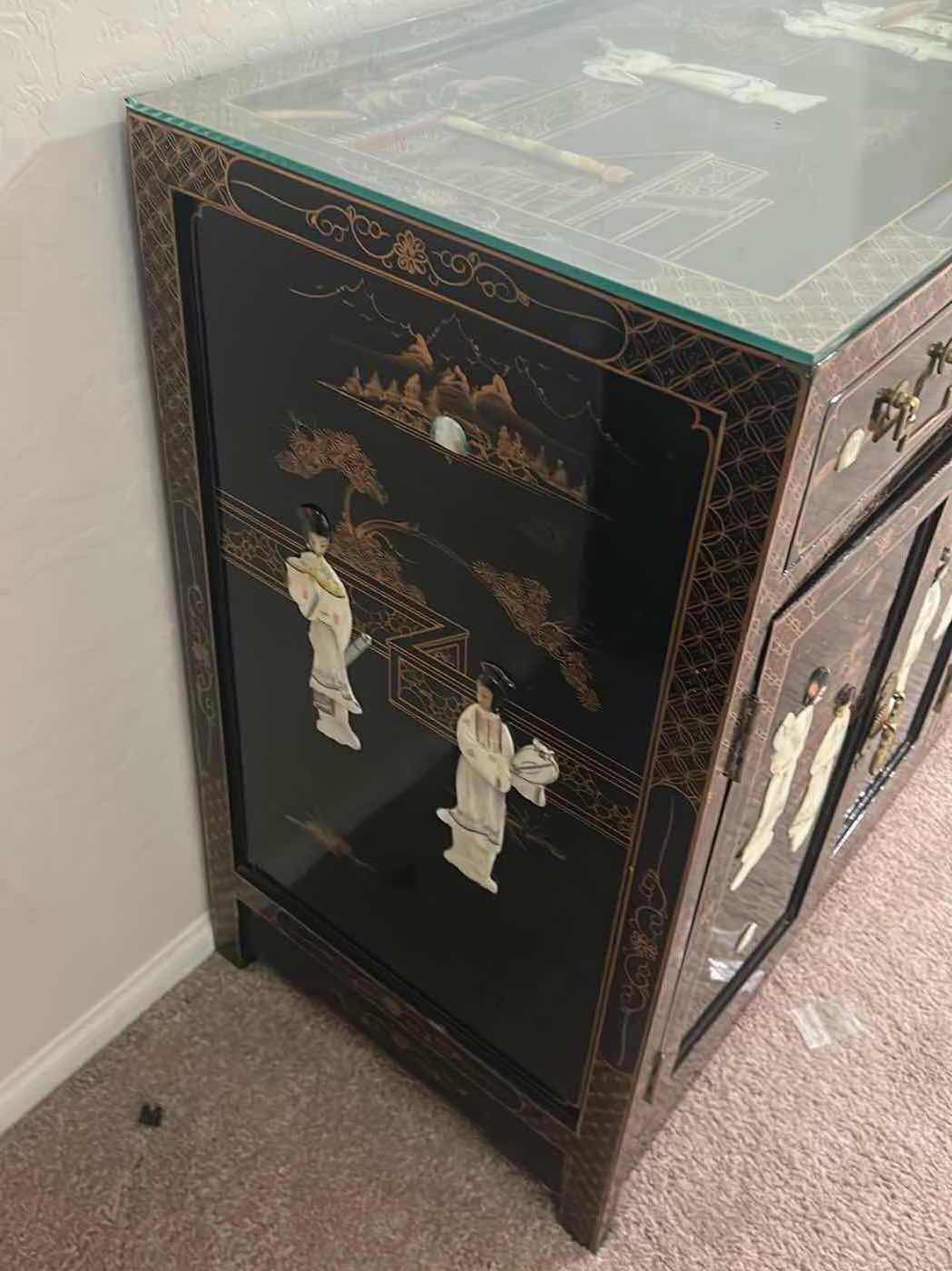 View 4 of RED LANTERN BLACK LACQUER SIDEBOARD GLASS TOP W ROYAL LADIES MOTIF TRADITIONAL CHINESE INLAID 48" X 18" H 33"