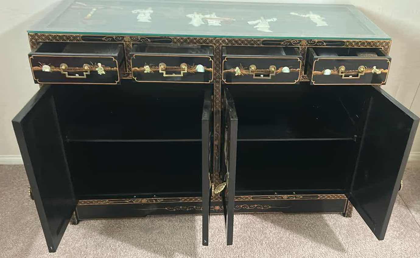 View 2 of RED LANTERN BLACK LACQUER SIDEBOARD GLASS TOP W ROYAL LADIES MOTIF TRADITIONAL CHINESE INLAID 48" X 18" H 33"