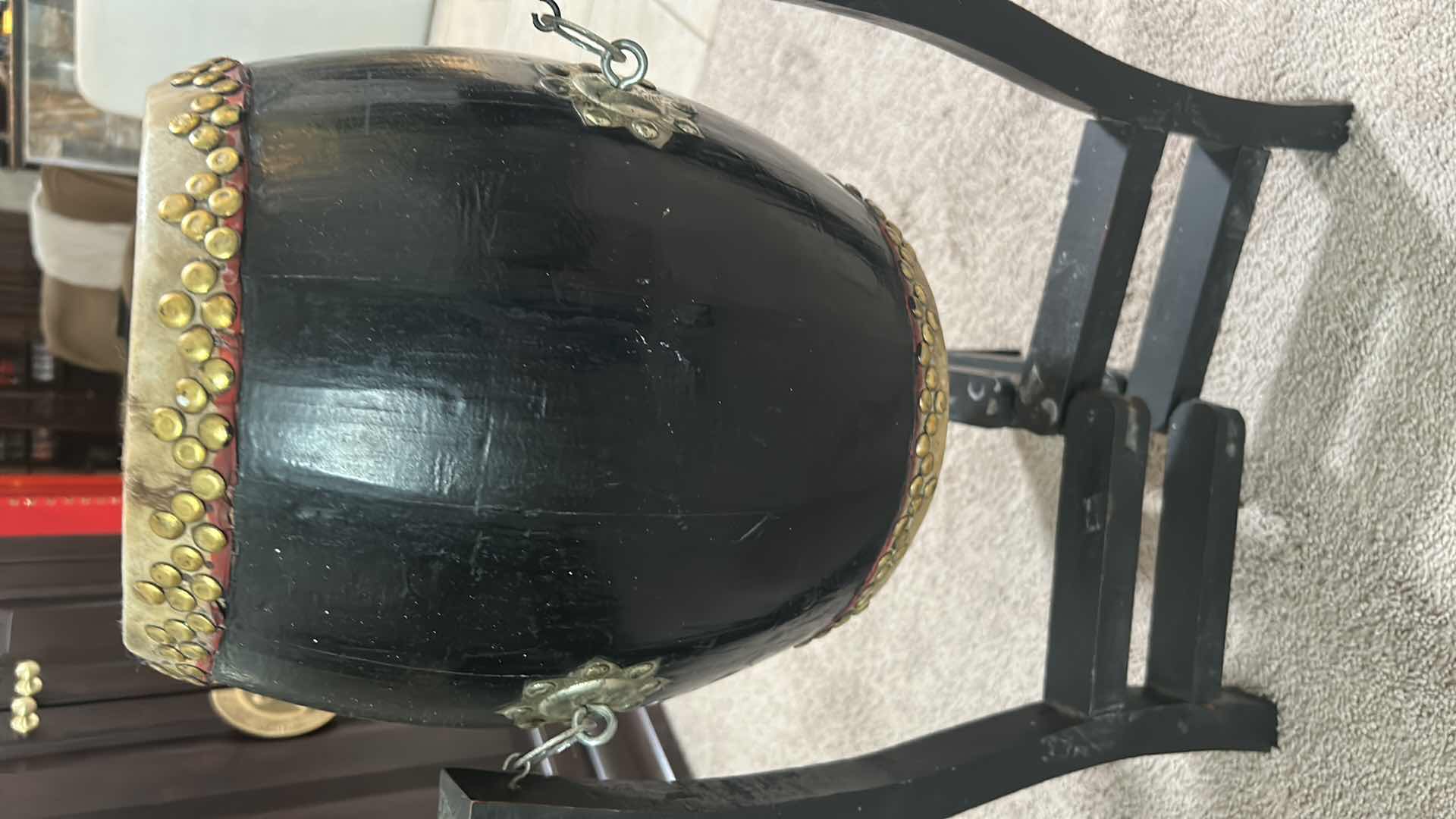 View 3 of TRADITIONAL CHINESE BARREL DRUM KNOWN AS TANGGU W MATCHING WOODEN TRIPOD H 24"