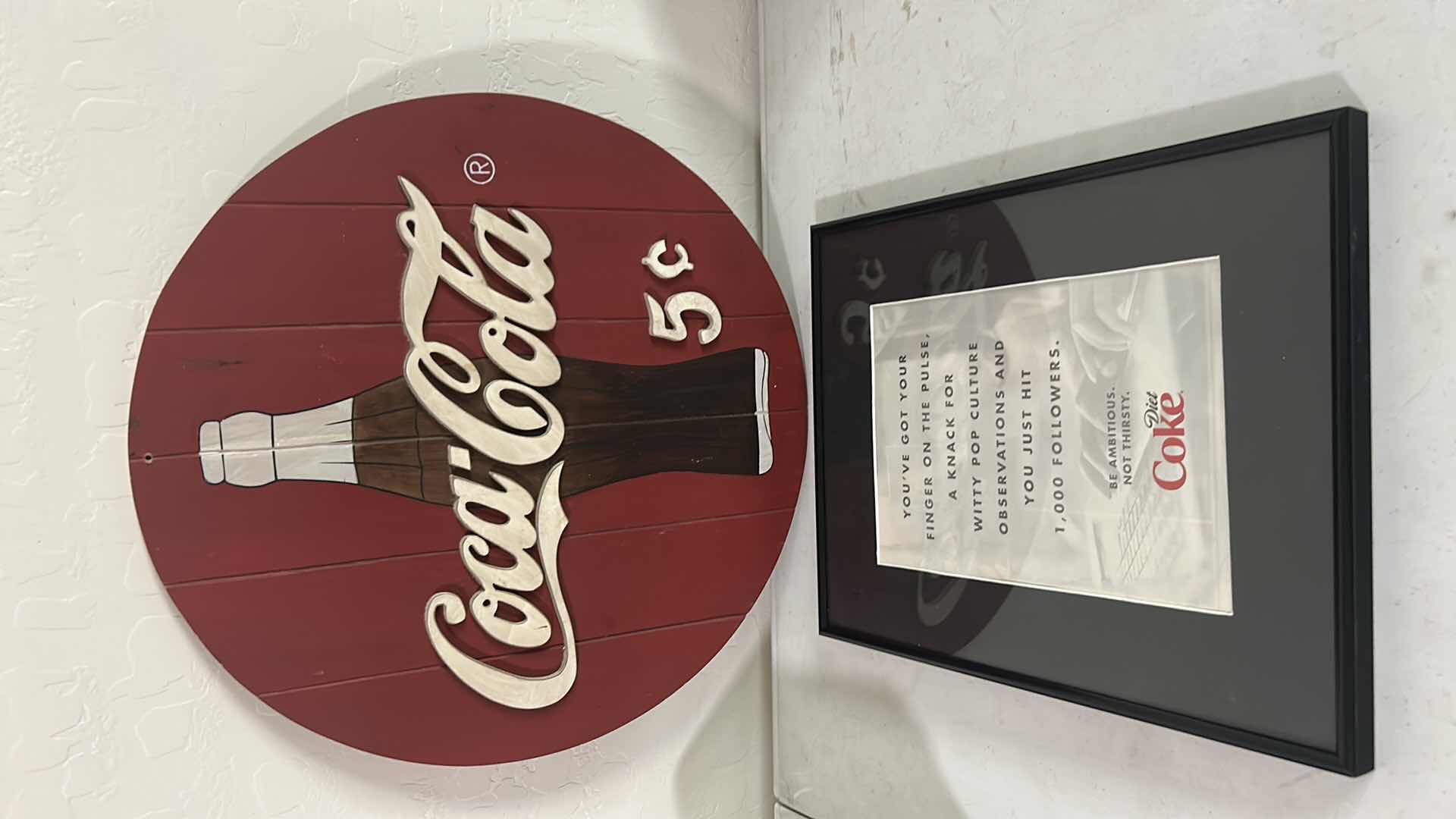 View 1 of WOOD COCA COLA ROUND SIGN 17" & FRAMED COCA COLA ADVERTISING 12" X 14"
