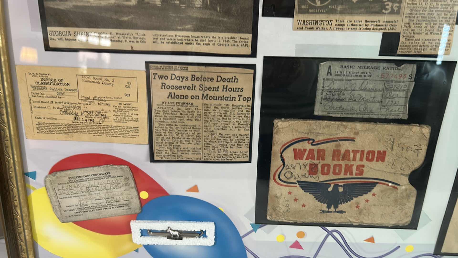 View 4 of FRAMED WORLD WAR II DISPLAY W COLLECTION WARTIME MEMORABILIA DOCUMENTS ETC 30" X 25"