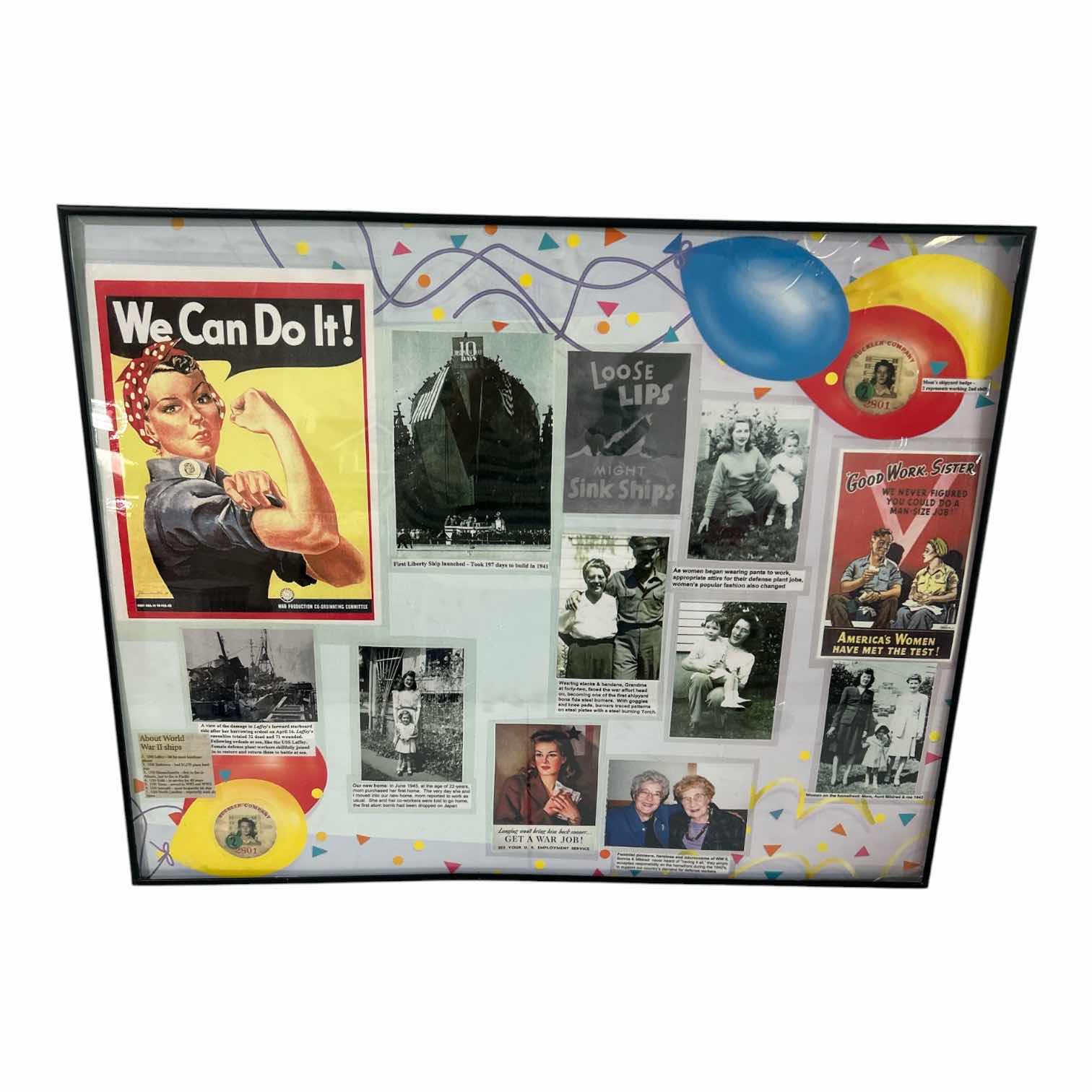 View 1 of FRAMED WORLD WAR II DISPLAY W COLLECTION WARTIME MEMORABILIA DOCUMENTS ETC 30" X 25"