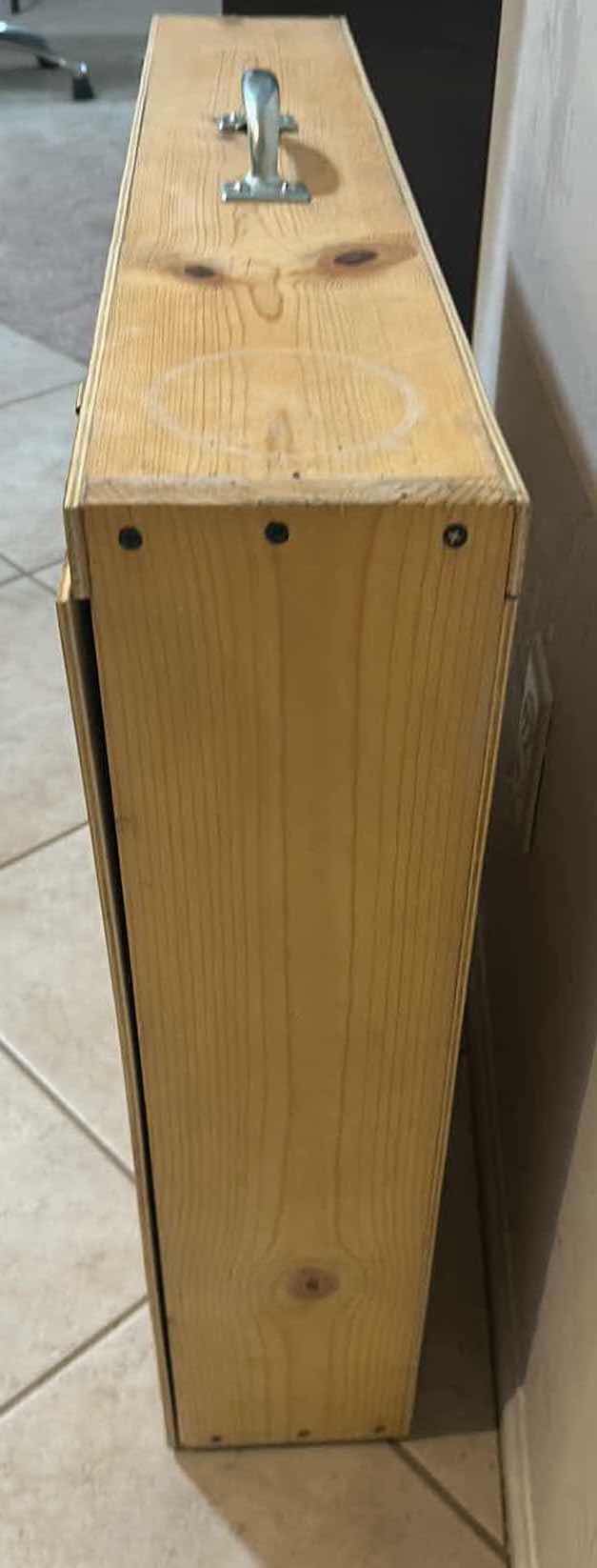 View 2 of WOODEN ARTWORK BOX W NATURAL FINISH METAL LATCHES & TOP HANDLE 34" X 6" H 26"